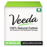 Veeda empaque frontal 48 unidades mostrando pureza y diseño práctico