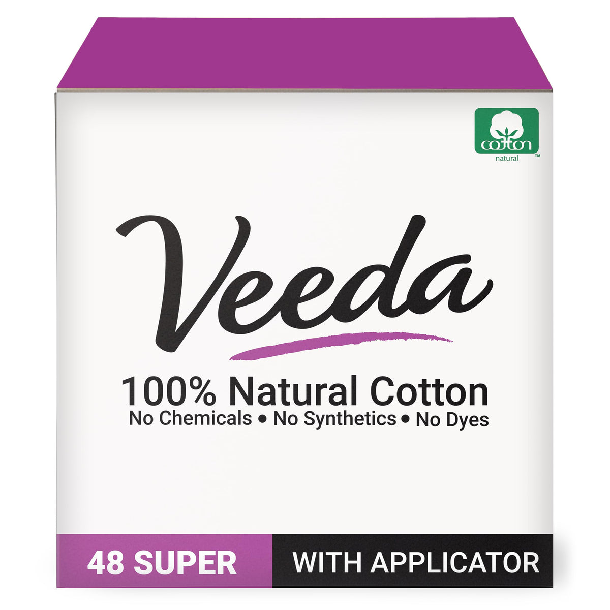 Veeda paquete frontal mostrando 48 tampones, opción natural y discreta