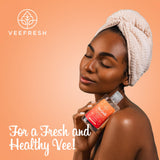 VeeFresh uso en ducha ilustrando limpieza gentil y cómodo por VeeGentle