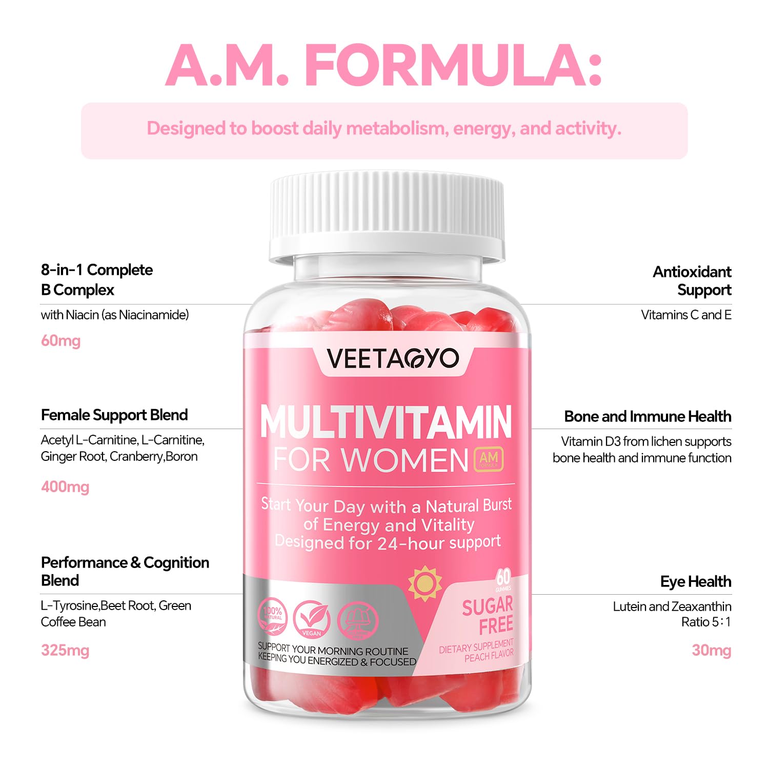 VEETAGYO etiqueta de ingredientes destacando calcio de algas y omega‑3