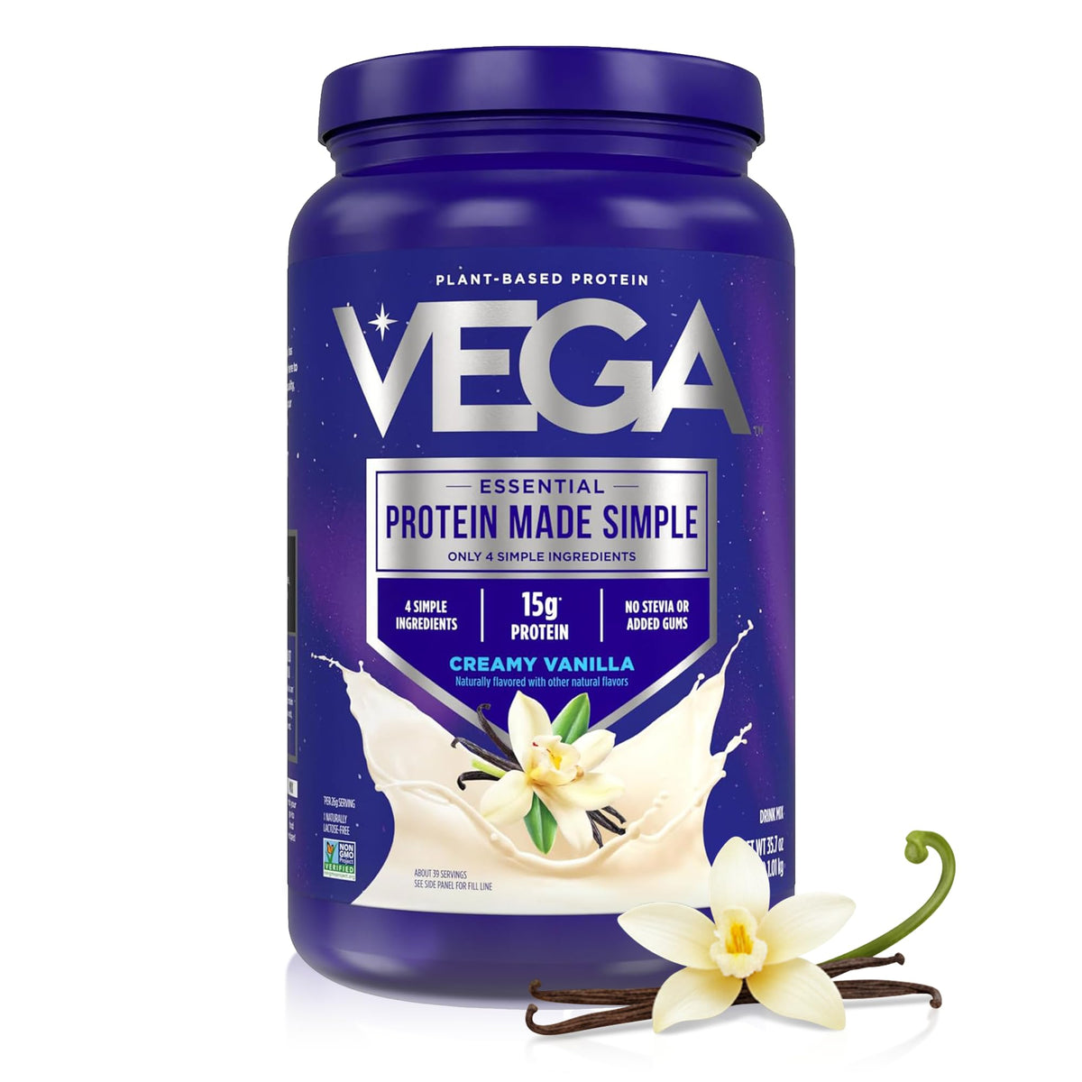 Vega envase frontal de proteína vainilla, envase claro y fácil de guardar