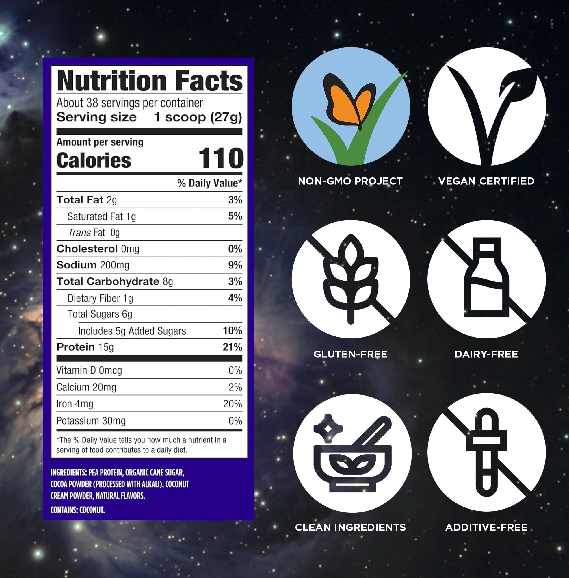 Vega etiqueta nutricional enfocada, información clara de 15 g proteína