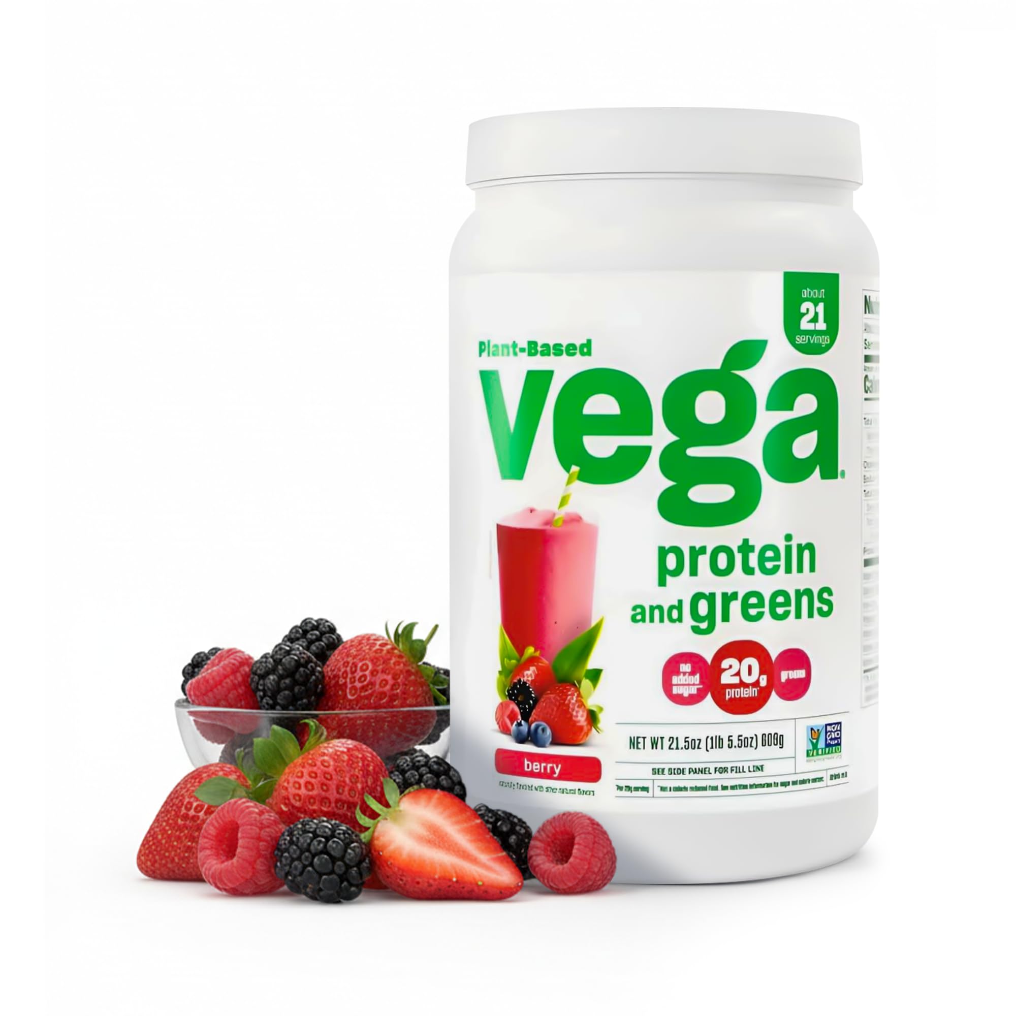 Vega envase frontal Berry mostrando la marca y beneficio nutricional