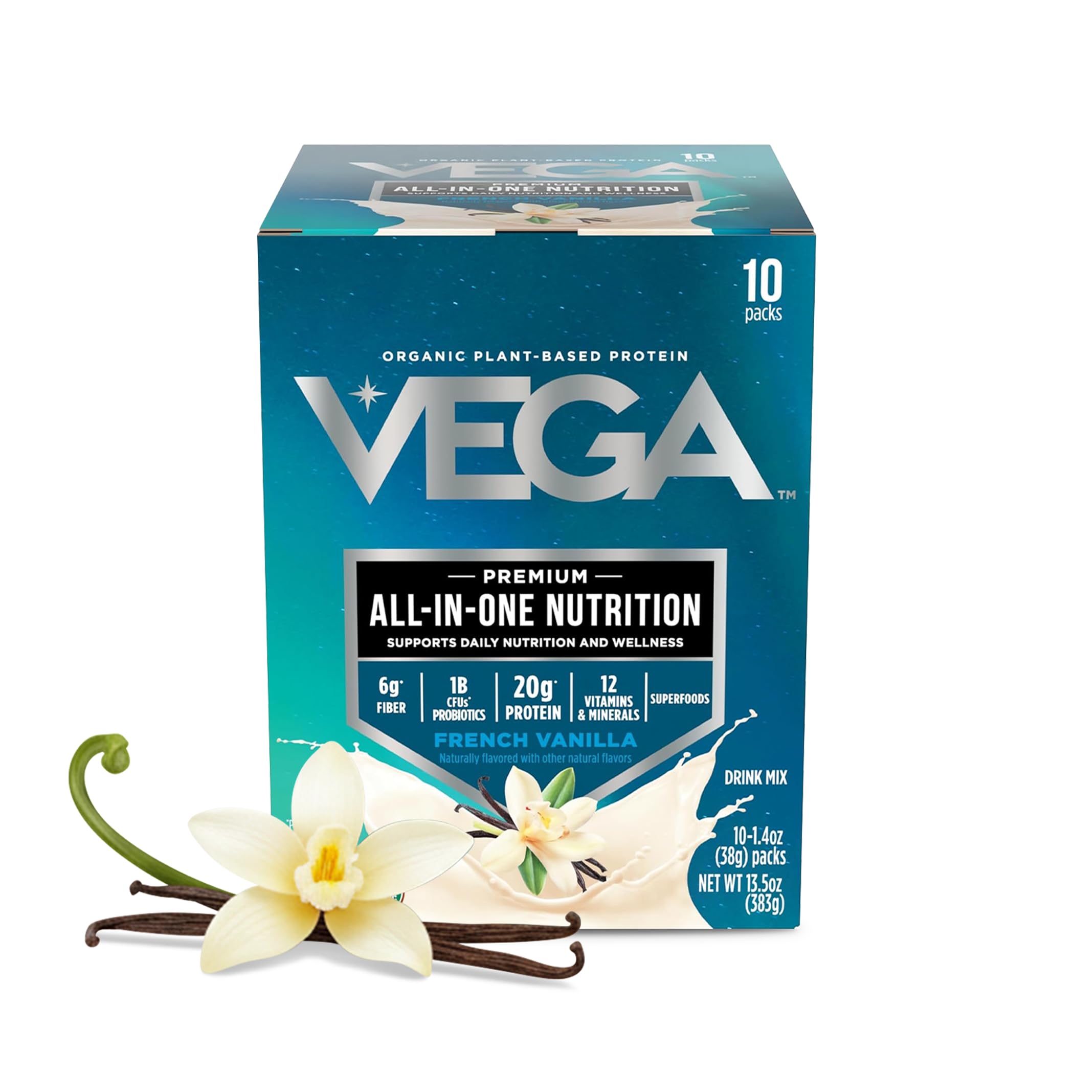Vega frente empaque sabor vainilla francesa mostrando conveniencia y porciones