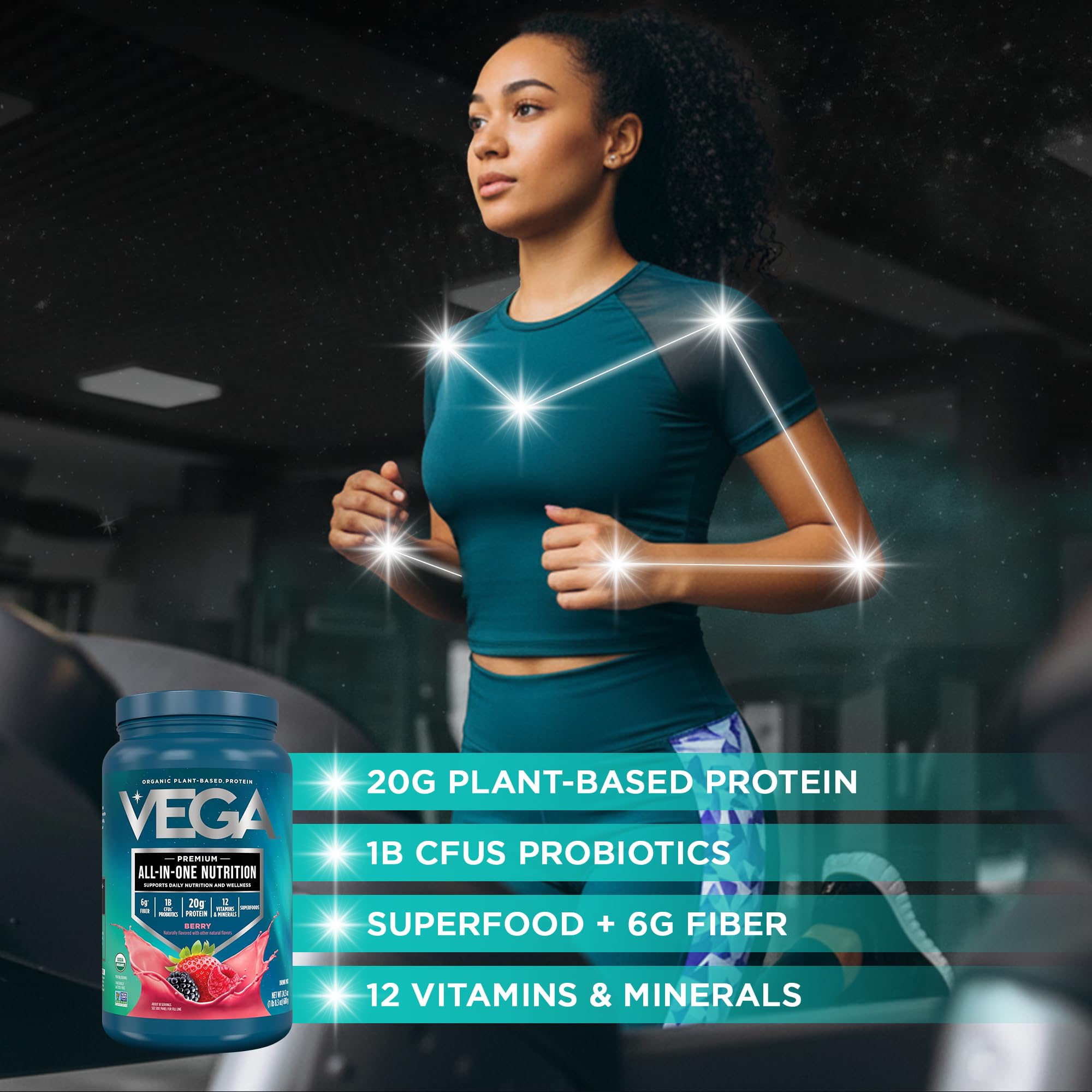 Vega ingredientes superfoods visibles, apoyo nutritivo en una porción