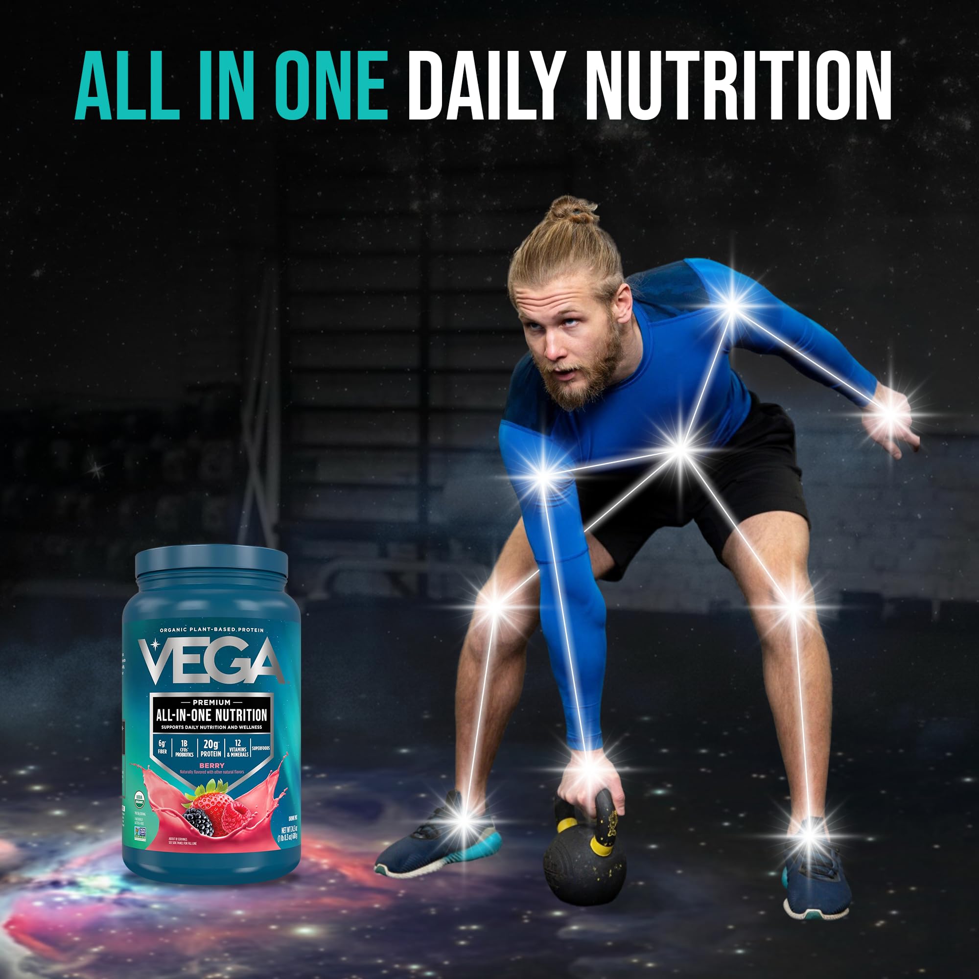 Vega porción en cuchara, demuestra 20 g de proteína por servicio