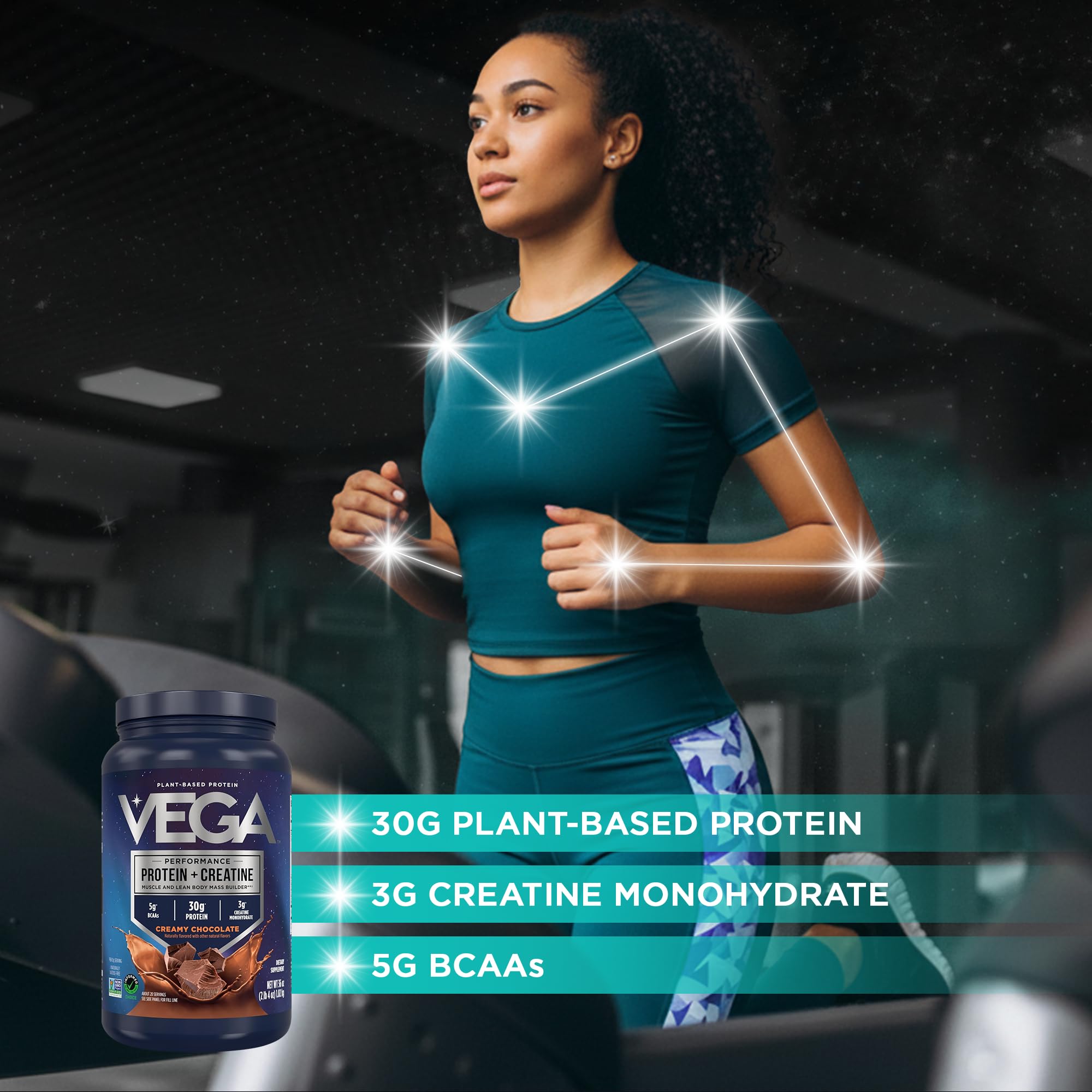 Vega cucharada medidora con polvo que muestra dosis precisa de proteína y creatina