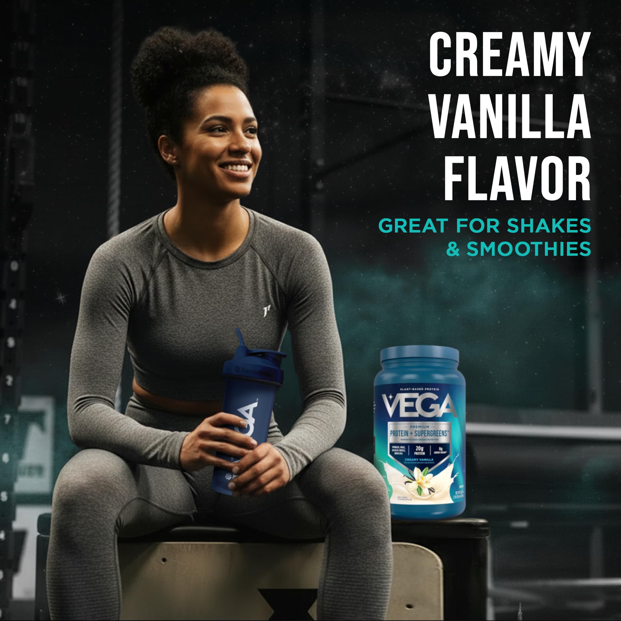 Vega cucharada medidora con una porción, claridad sobre 20 g de proteína