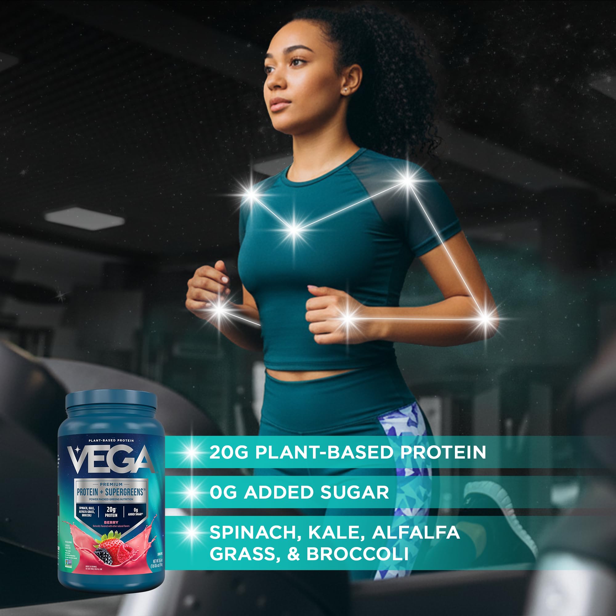 Vaso con batido Vega Berry listo para beber, proteína vegetal práctica y sabrosa