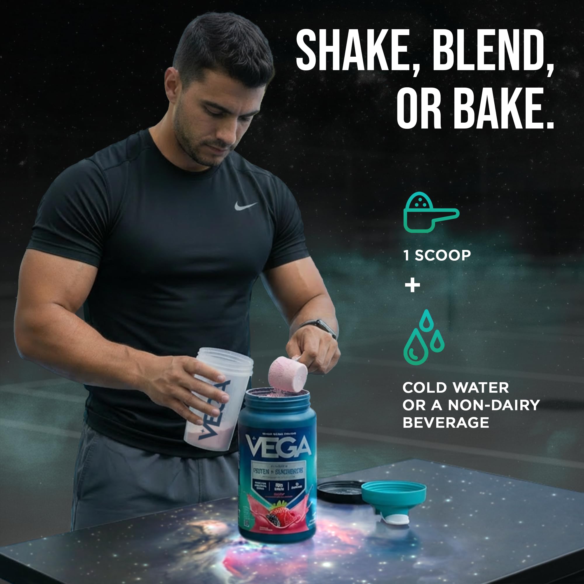 Shaker mezclando Vega berry sin grumos, mezcla rápida para antes o después de entrenar