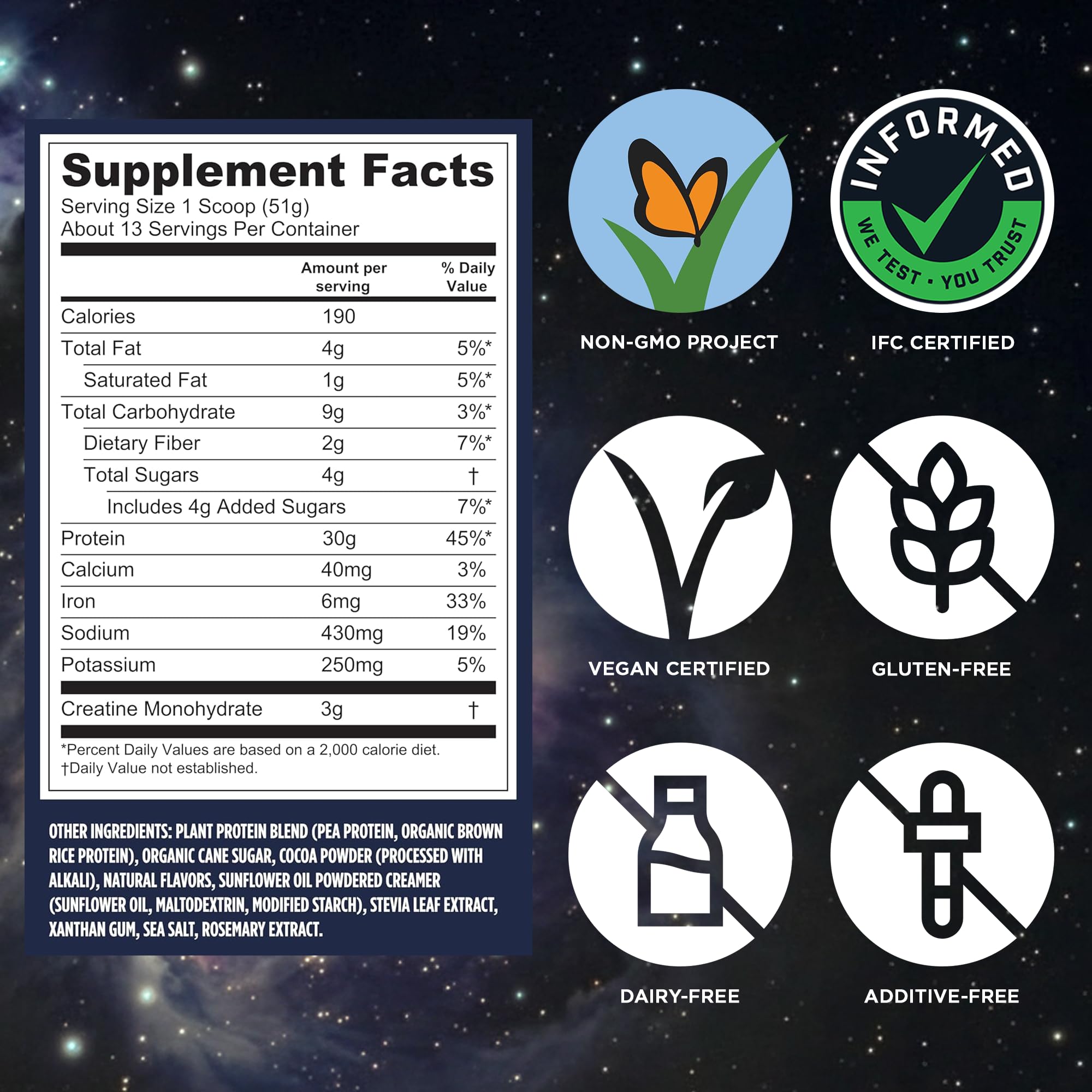 Vega detalle de la etiqueta nutricional que muestra 30 g proteína y 3 g creatina