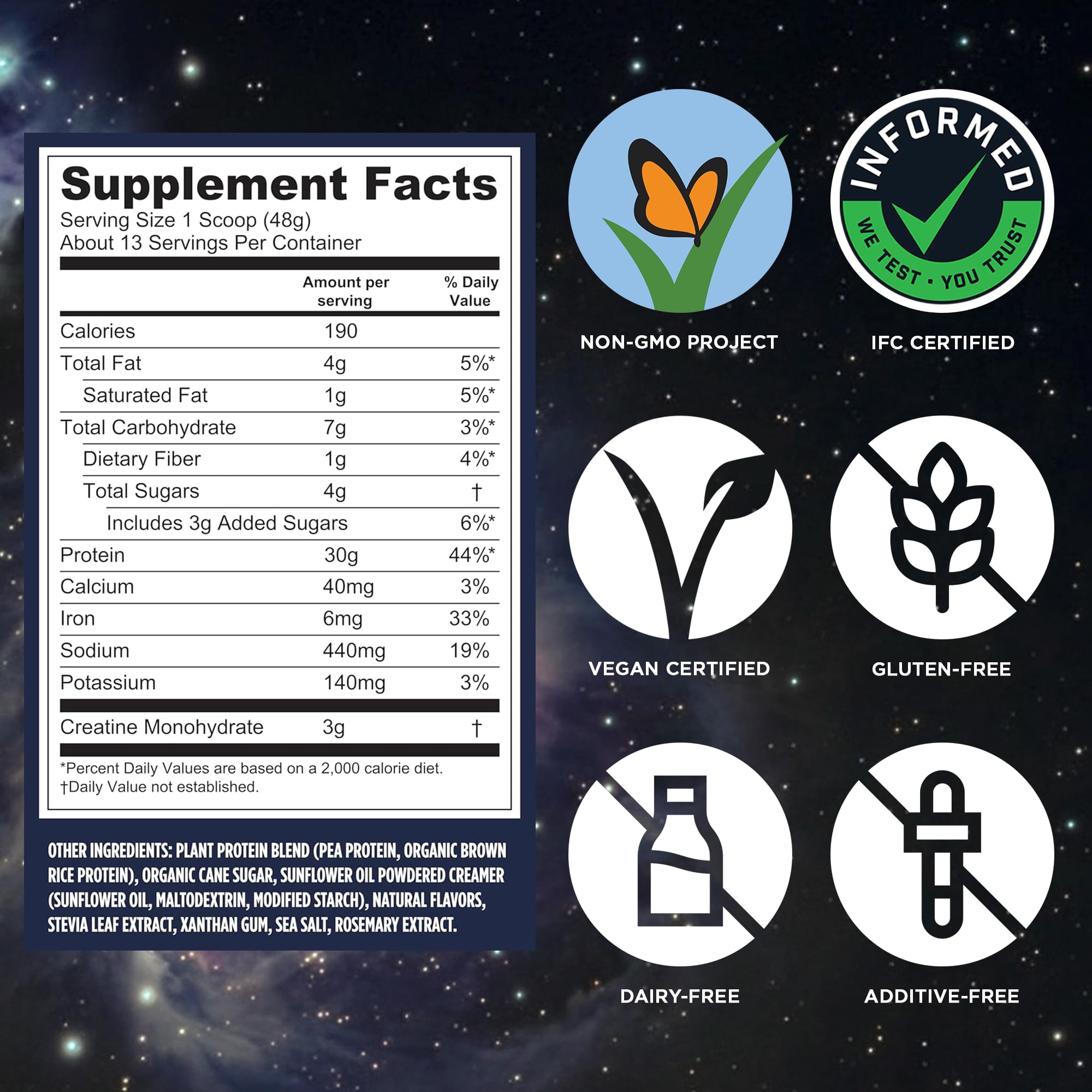 Vega etiqueta nutricional visible para verificar macros y creatina