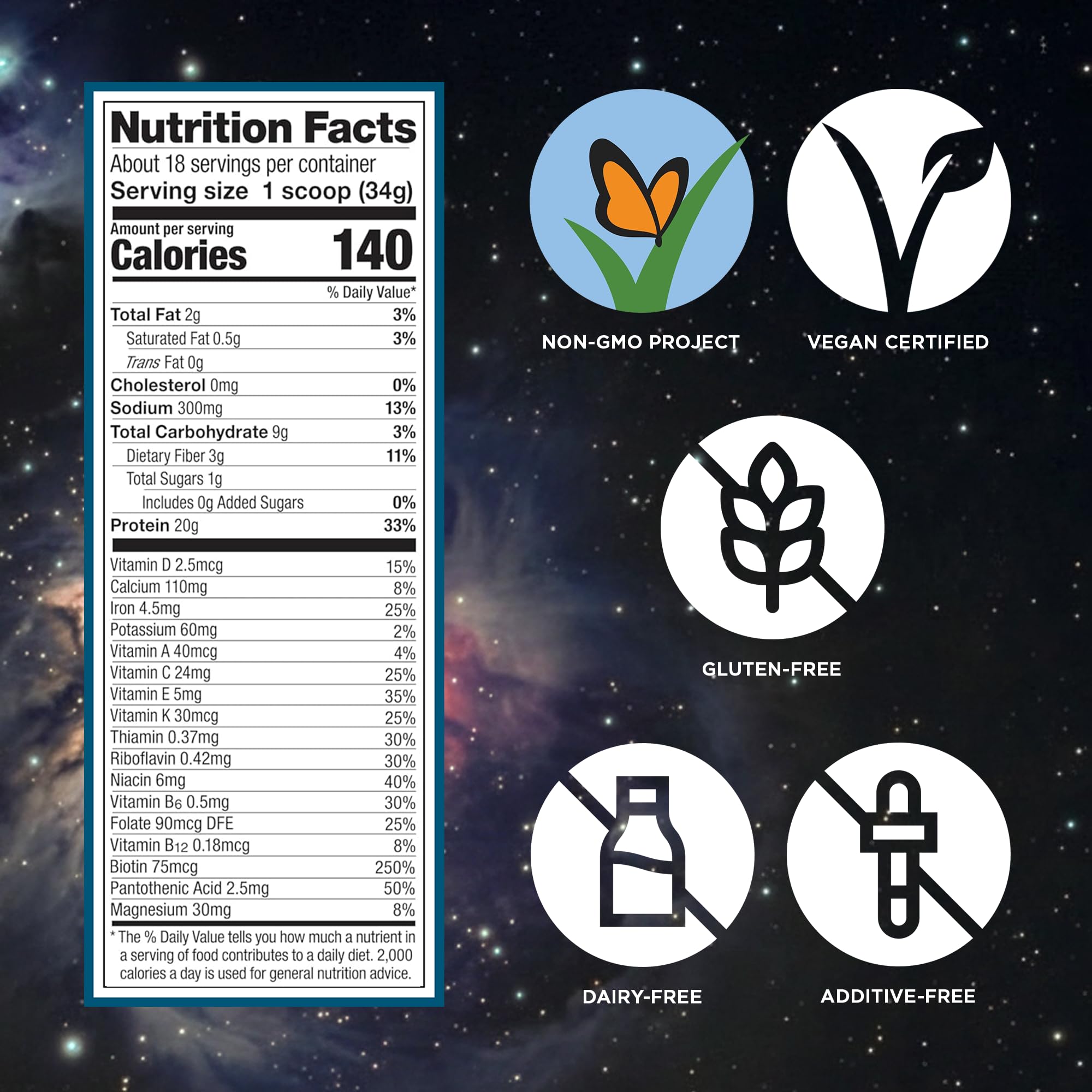 Vega ingredientes como kale y espirulina destacando aporte vegetal