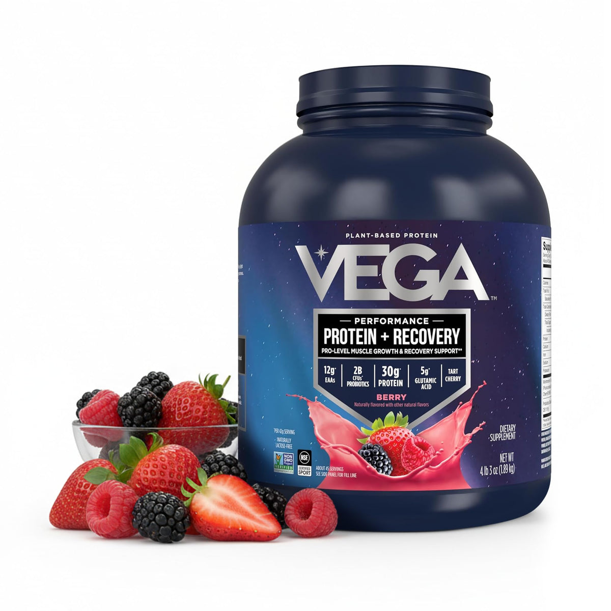 Vega bote frontal con sabor Berry mostrando diseño y beneficio limpieza