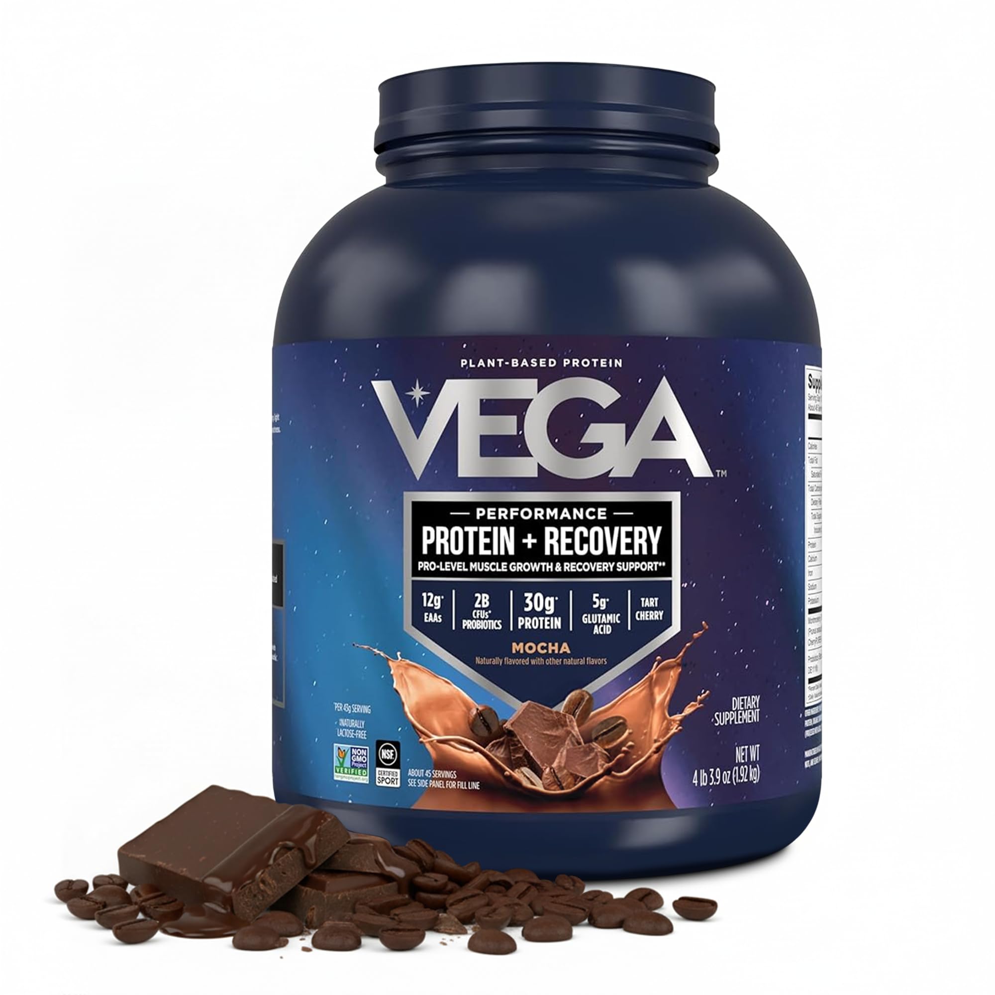 Vega frasco frontal mostrando etiqueta y beneficio de proteína vegana