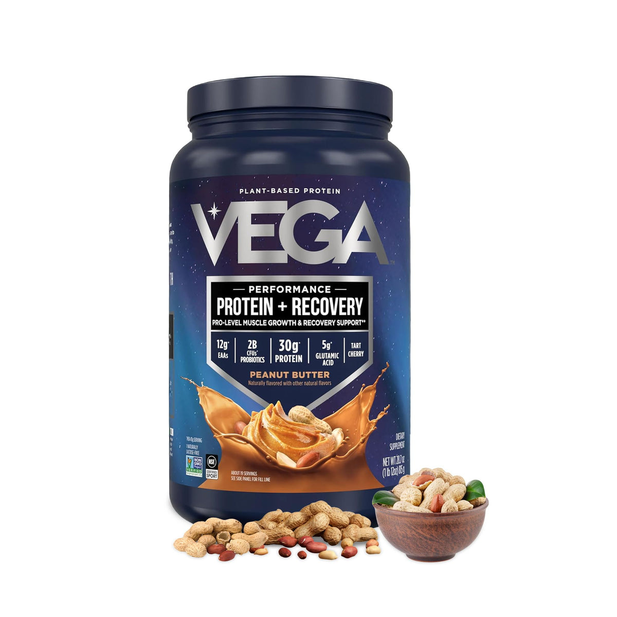 Vega envase frontal mostrando proteína vegetal y beneficio recuperación