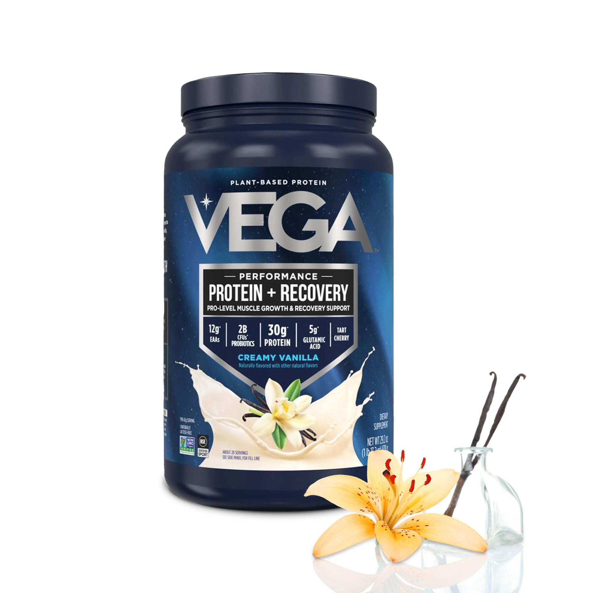 Vega frasco frontal que muestra la marca y beneficio de proteína vegana
