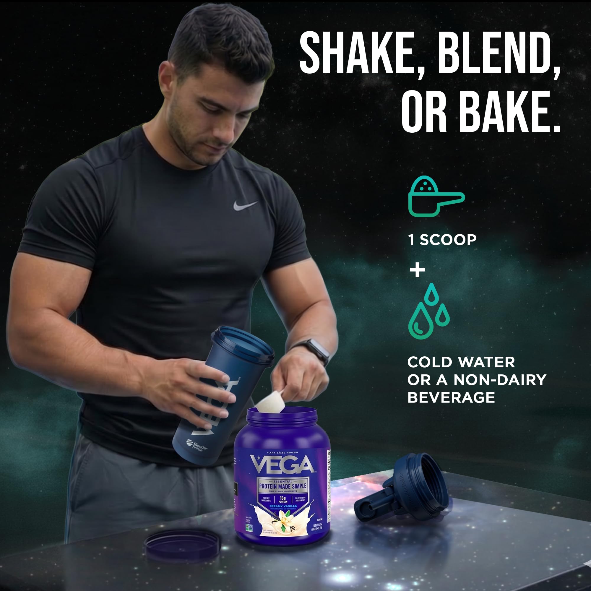 Vega shaker en mano demostrando mezcla rápida y práctica