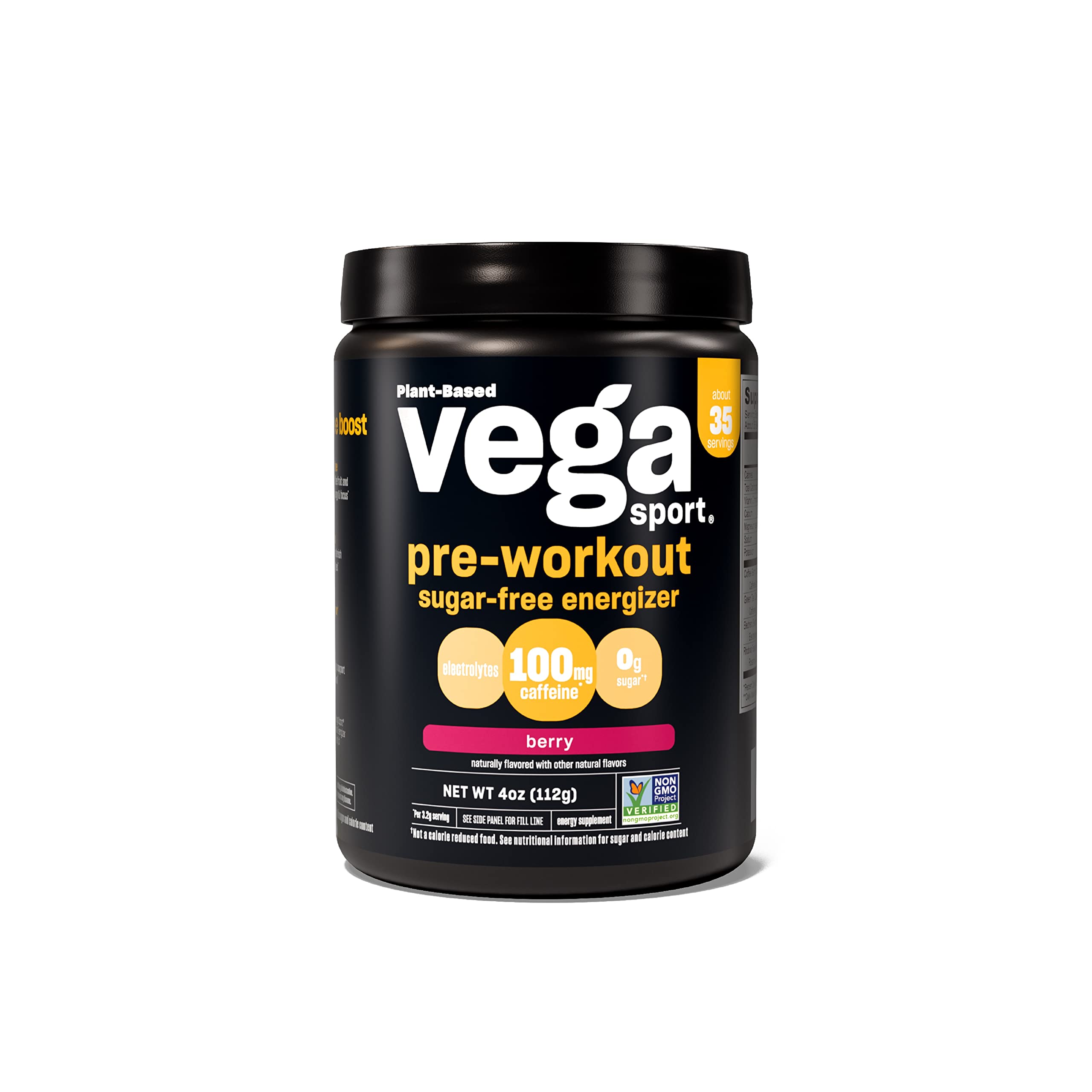Vega Sport envase frontal Berry mostrando el diseño y sabor, energía limpia inmediata