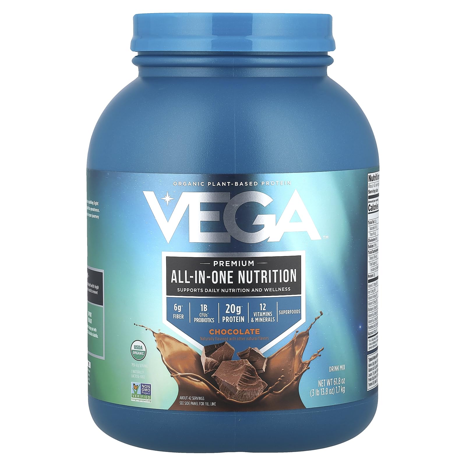Vega tarro frontal chocolate mostrando etiquetas y beneficios claros