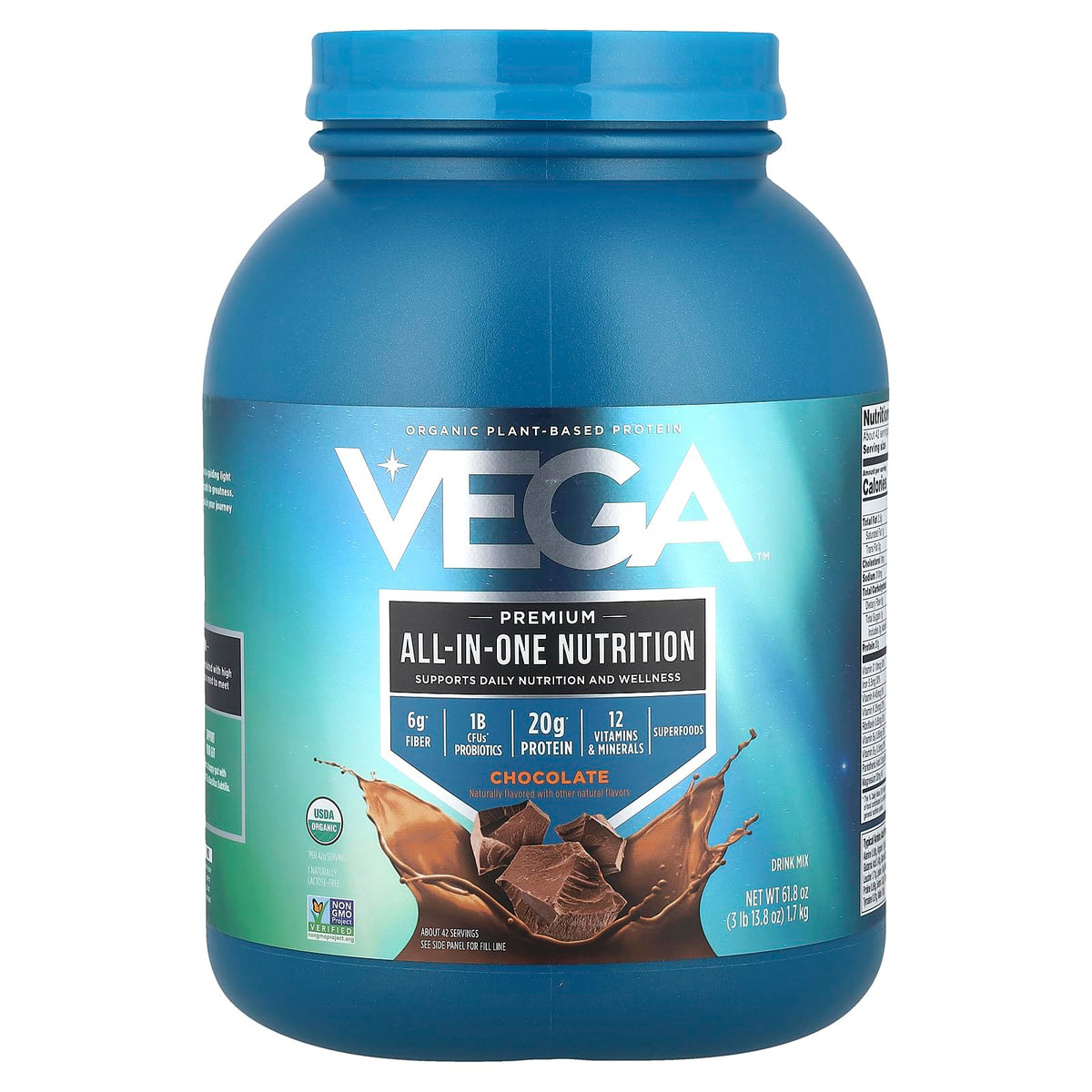 Vega tarro frontal chocolate mostrando etiquetas y beneficios claros