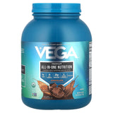 Vega tarro frontal chocolate mostrando etiquetas y beneficios claros