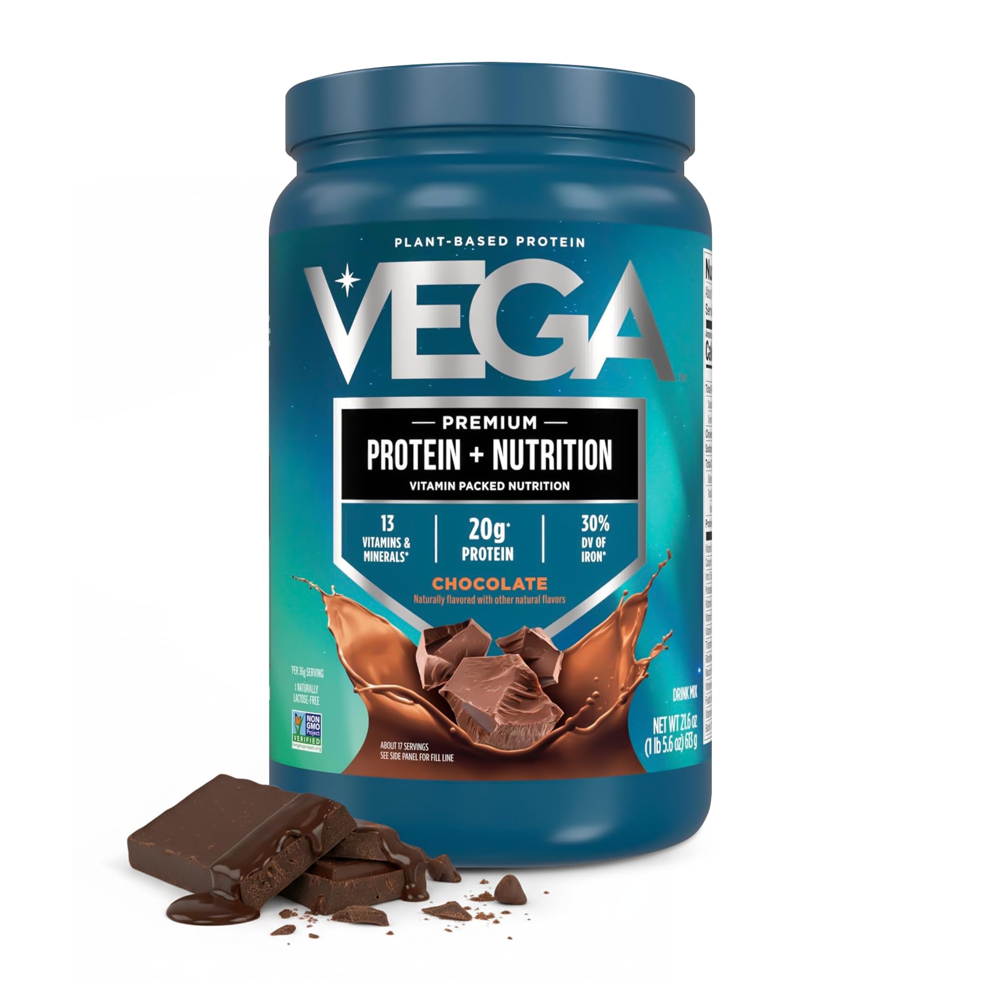 Vega tarro frontal chocolate mostrando tamaño y fórmula vegana