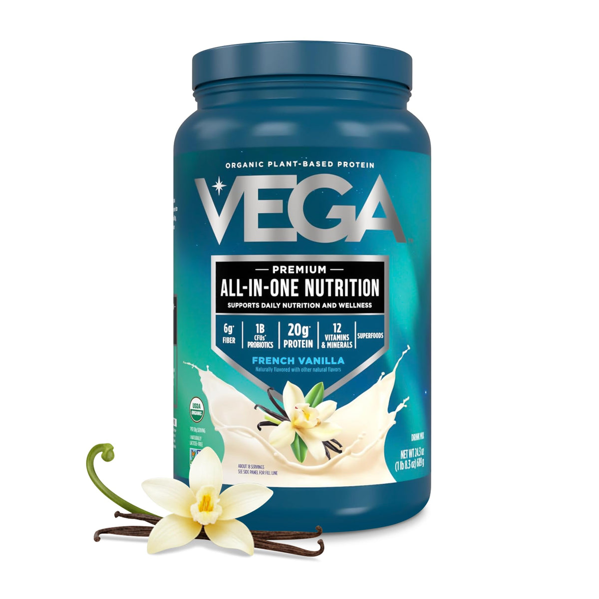 Vega envase frontal vainilla francesa mostrando el producto y su practicidad