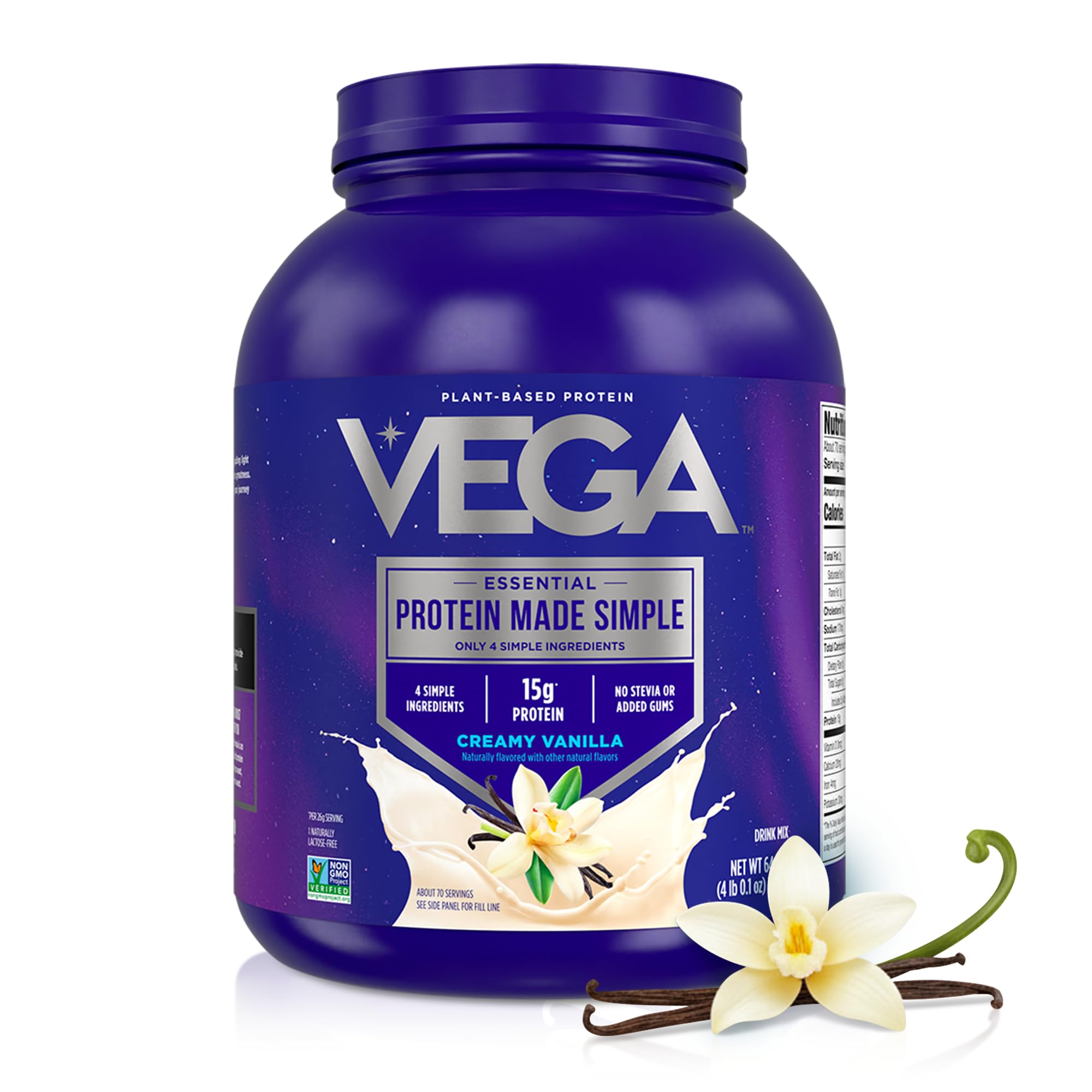 Vega envase frontal Vainilla mostrando tamaño XL y 70 servicios