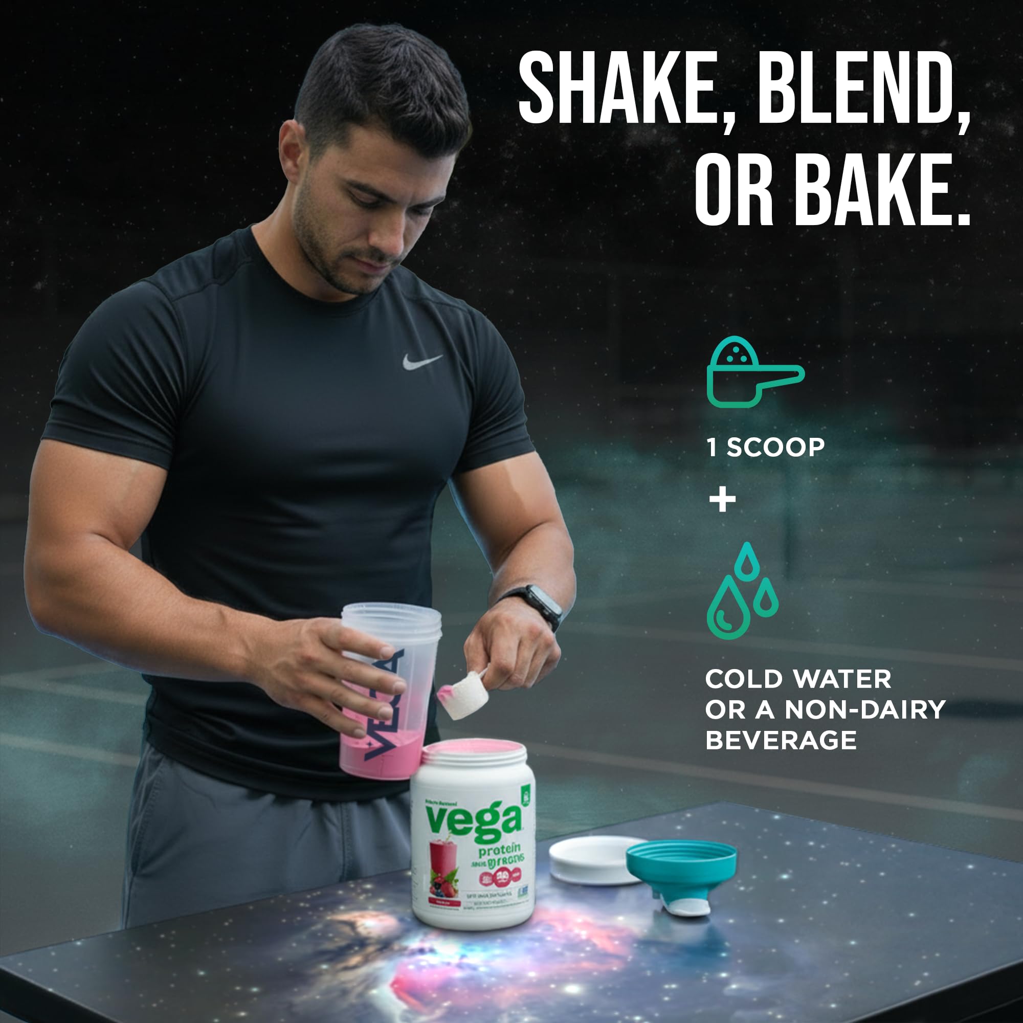 Vega uso en gimnasio con botella, conveniencia postentreno