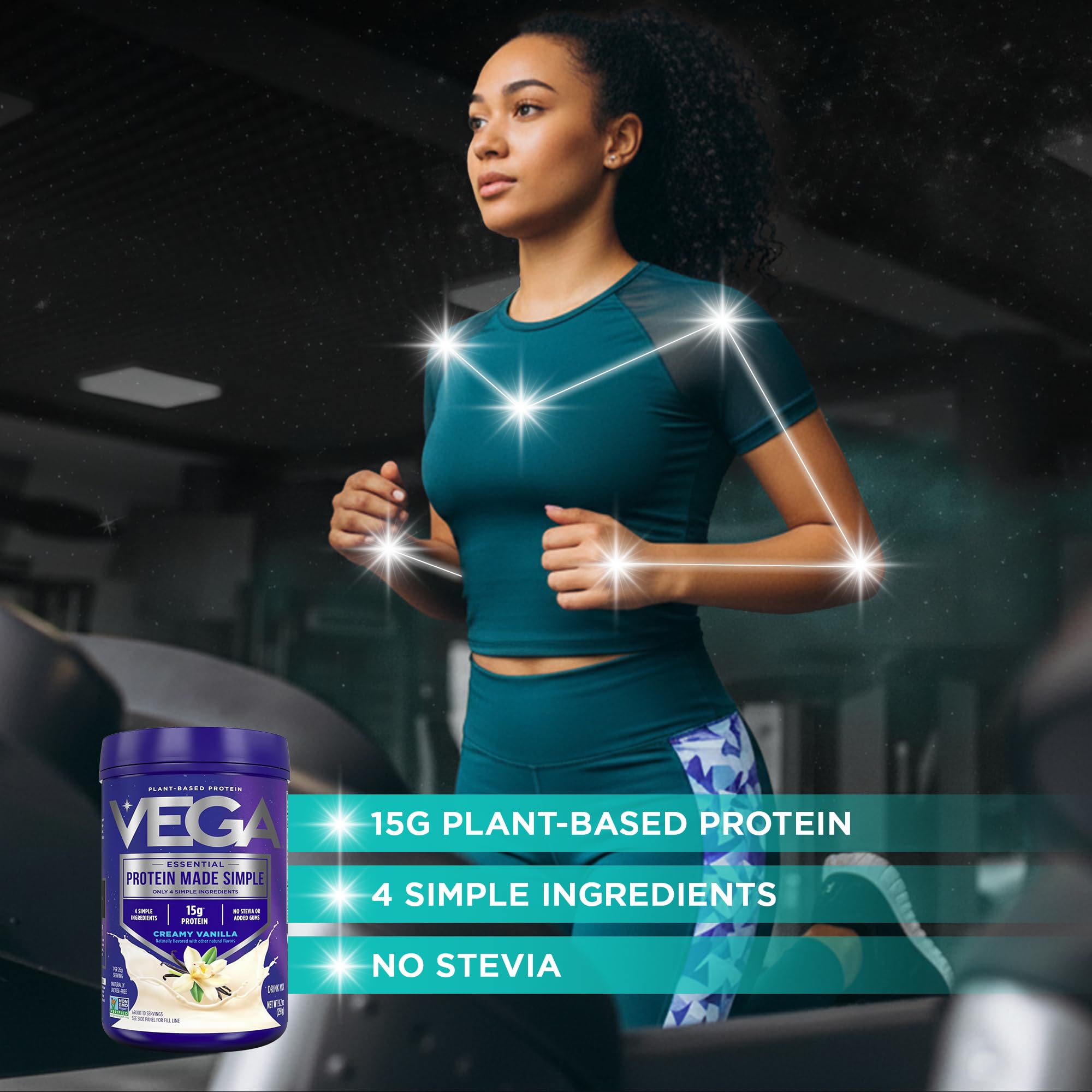 Vega cuchara con porción de proteína mostrando cantidad de 15 g por porción