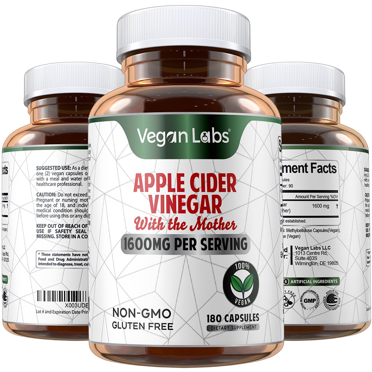 Vegan Labs frente del envase mostrando 180 cápsulas y beneficios claros