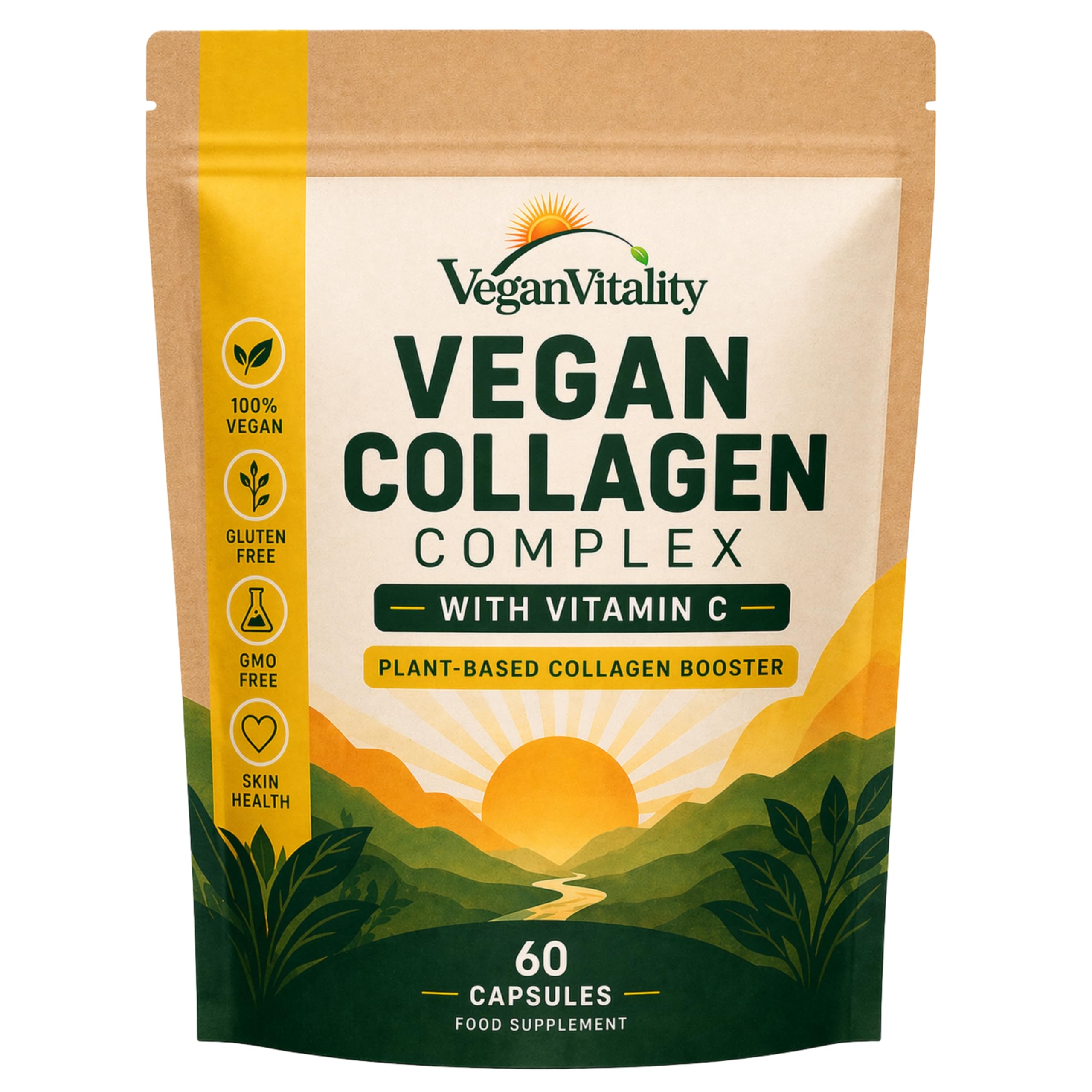 Vegan Vitality botella frontal mostrando etiqueta y beneficios veganos