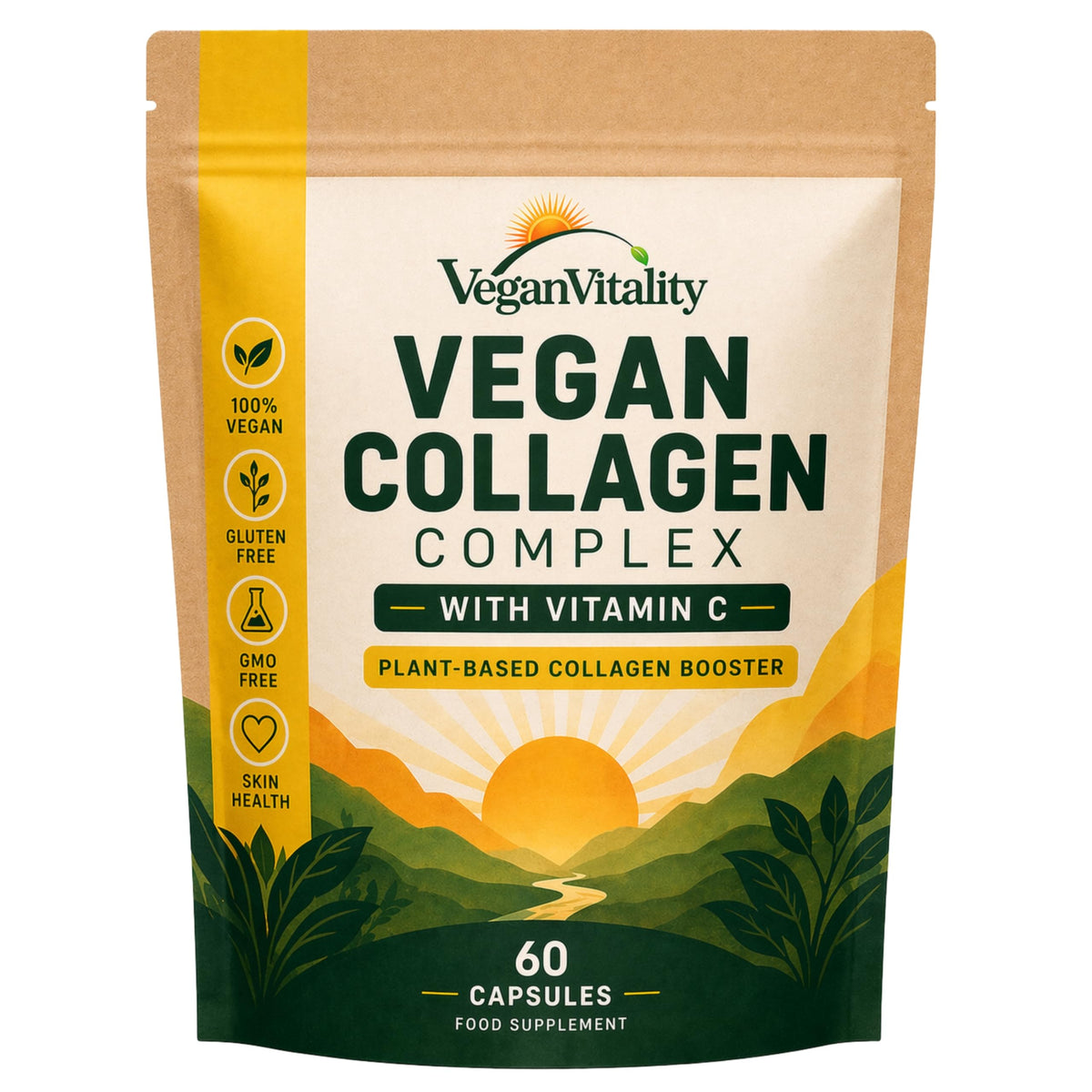 Vegan Vitality botella frontal mostrando etiqueta y beneficios veganos