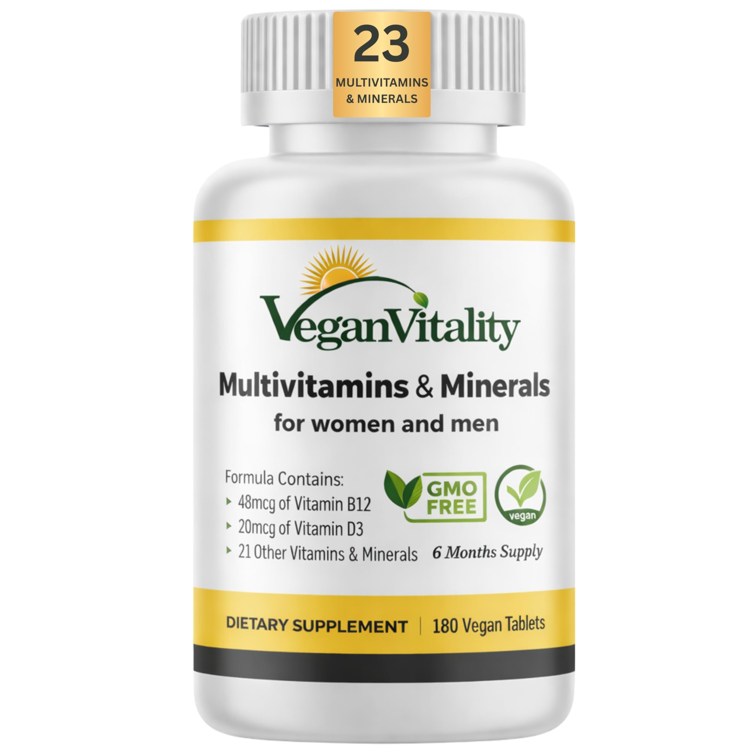Vegan Vitality frontal del envase que muestra dosis y beneficio vegano