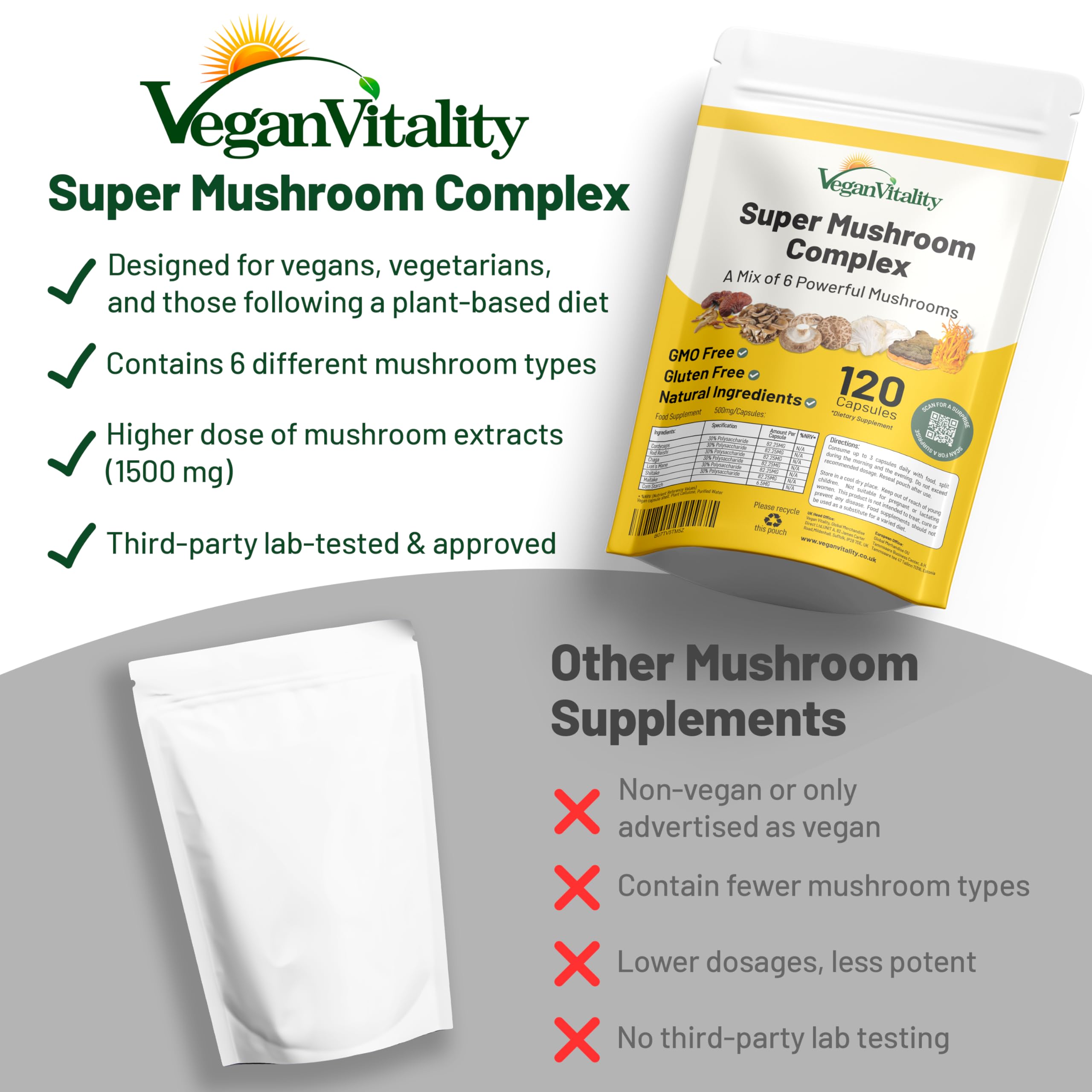 Vegan Vitality composición de Reishi Chaga Lion's Mane y otros hongos naturales
