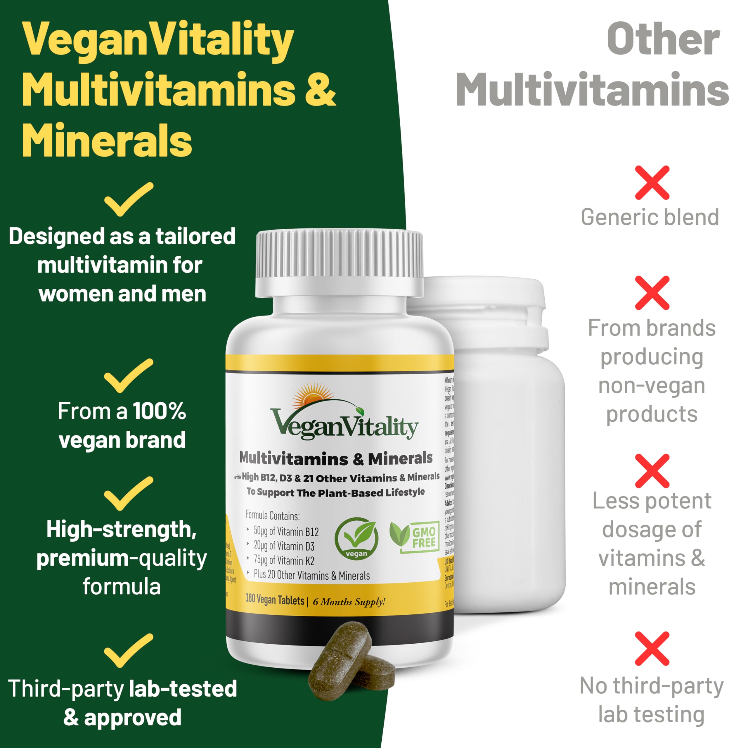Vegan Vitality tabletas en mano para comparar tamaño y facilidad de uso