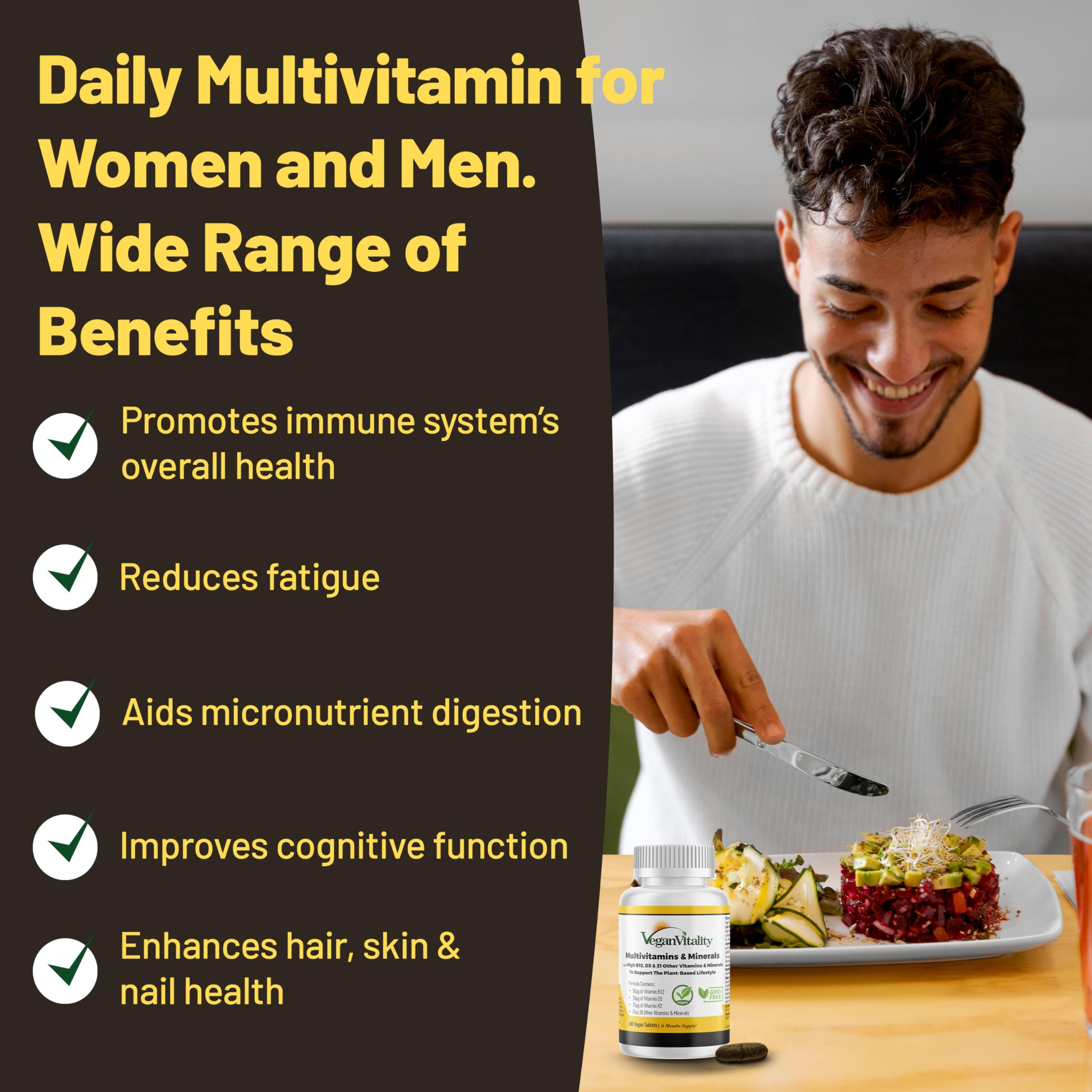 Vegan Vitality detalle de la textura de tabletas, fácil de tragar y pura