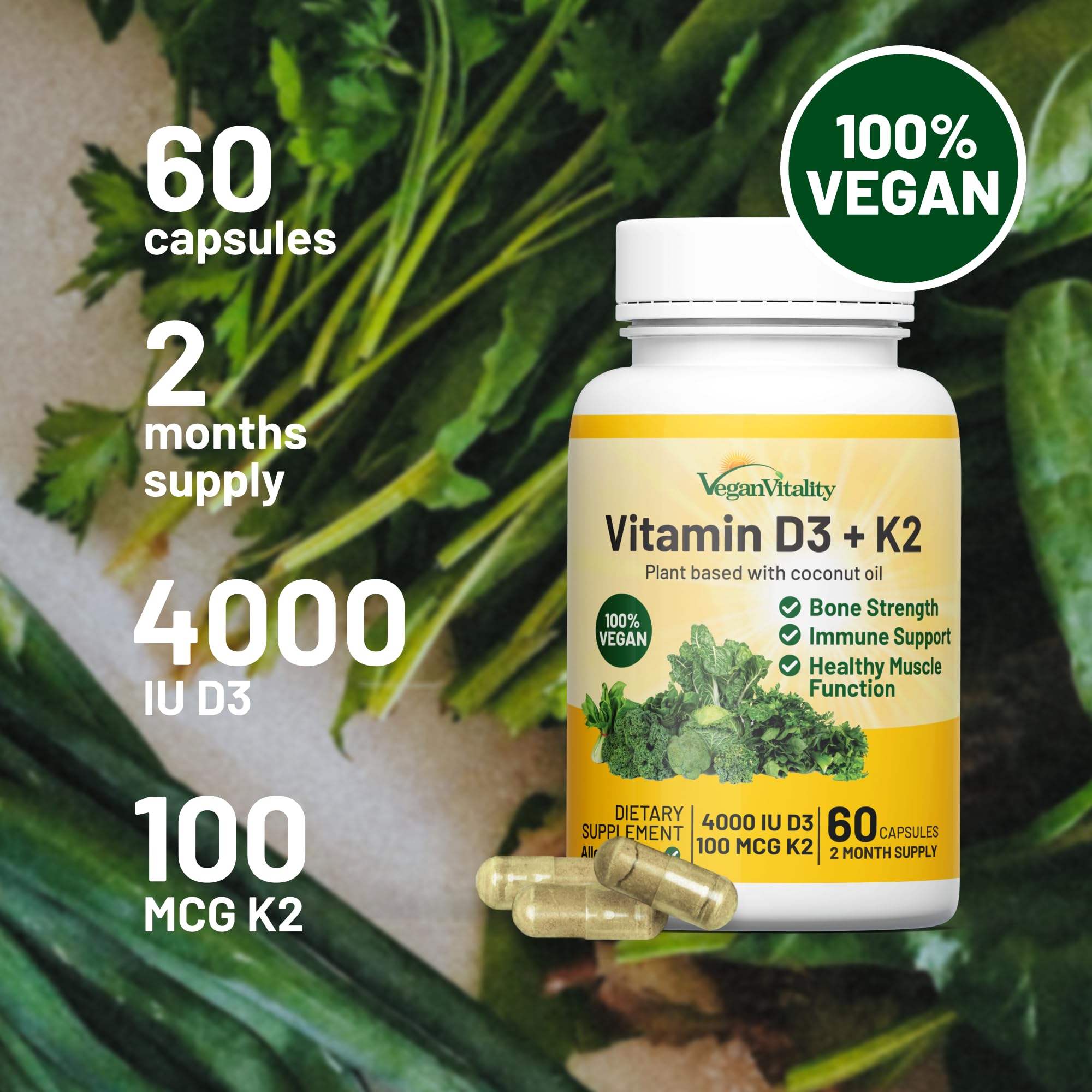 Vegan Vitality cápsulas junto a alimentos grasos para mejor absorción