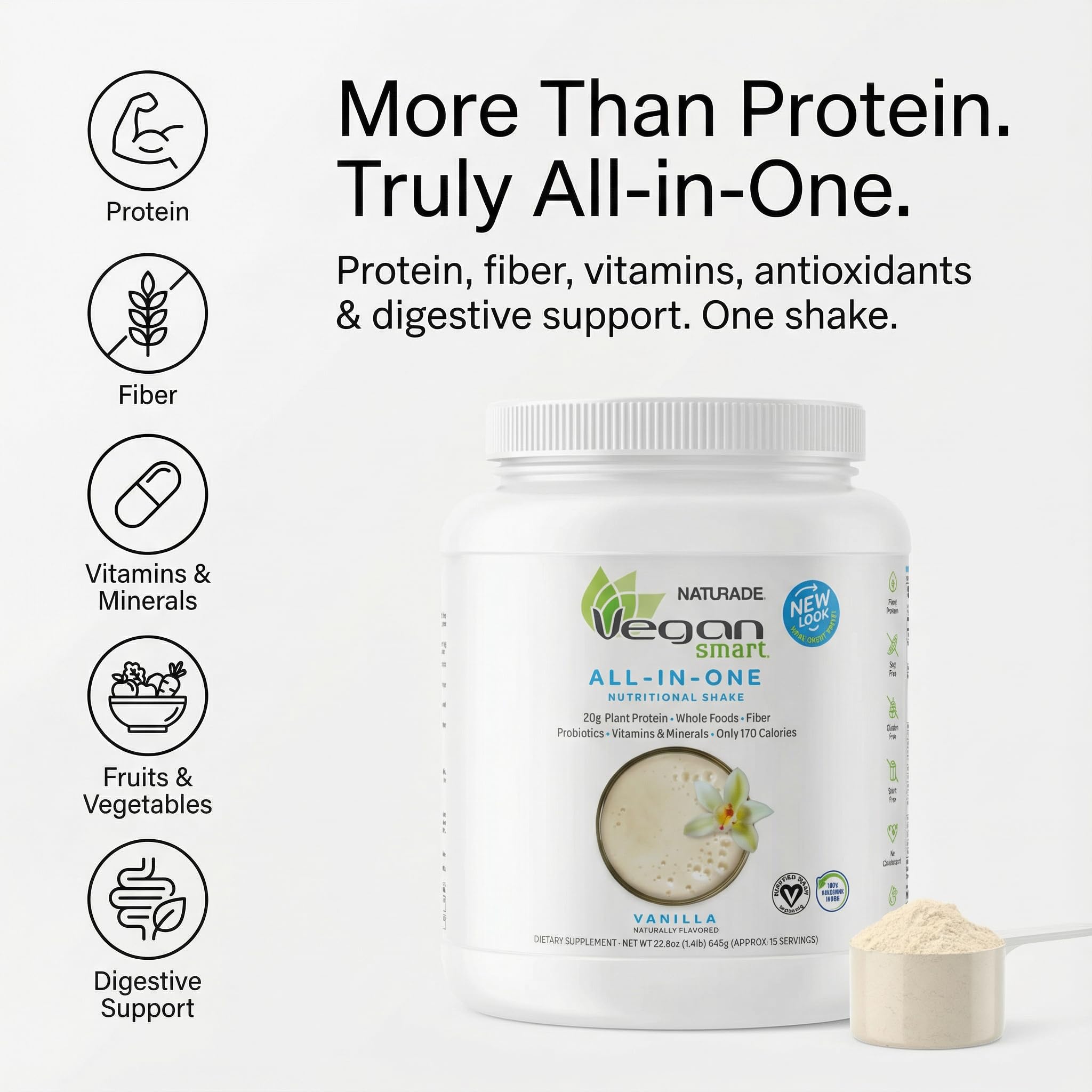 Selección de proteínas vegetales y frutas junto al producto Vegansmart mostrando origen vegetal