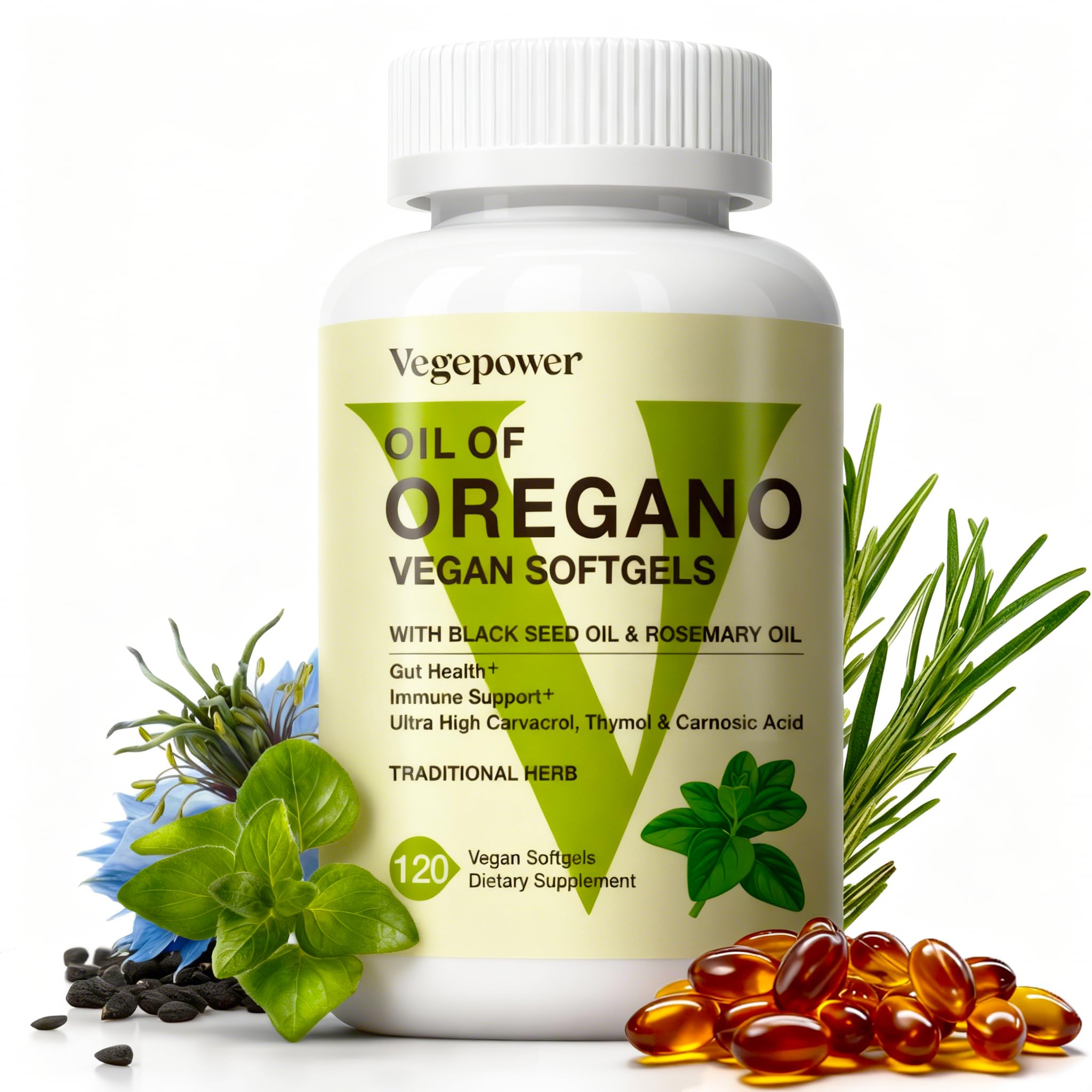VEGEPOWER frasco frontal mostrando 120 cápsulas y beneficios veganos