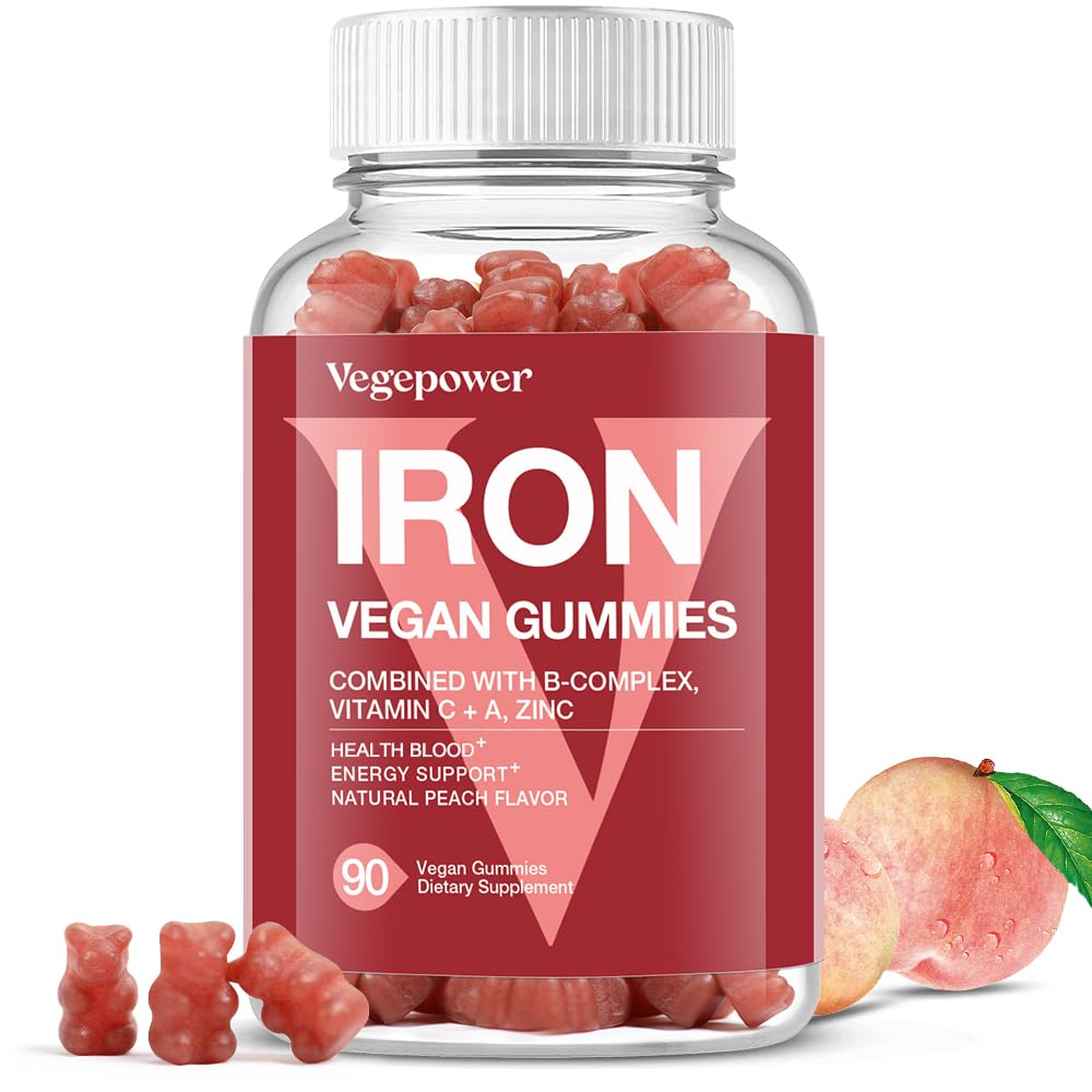 VEGEPOWER envase frontal que muestra gominolas de hierro y beneficios