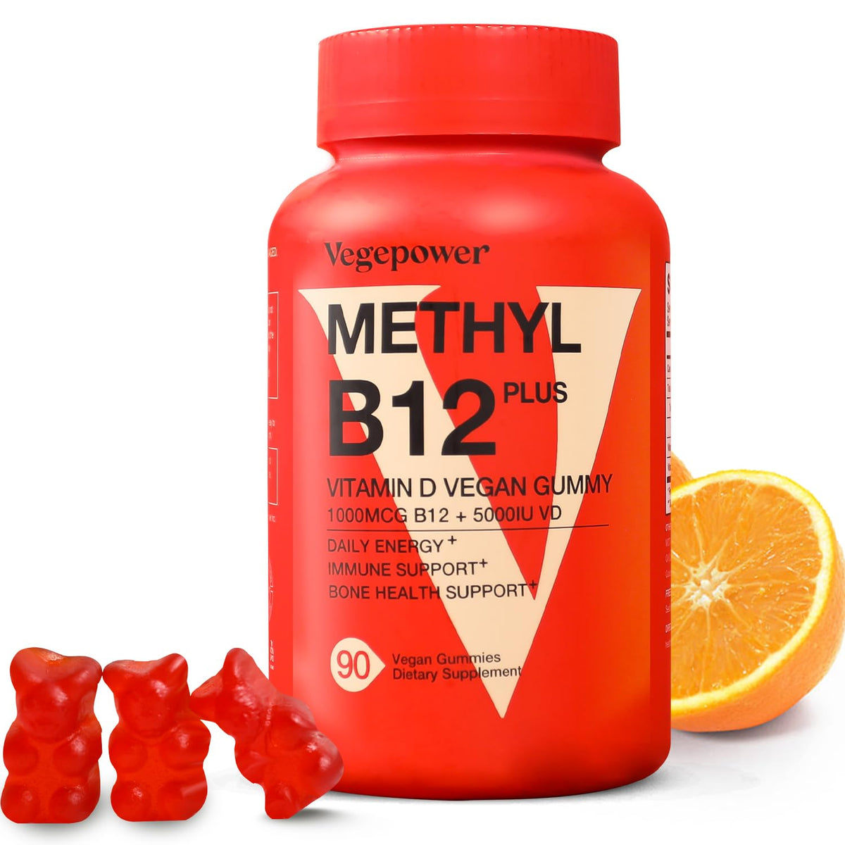 VEGEPOWER envase frontal de gomitas B12 D3 muestra cantidad y sabor