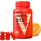 VEGEPOWER envase frontal de gomitas B12 D3 muestra cantidad y sabor