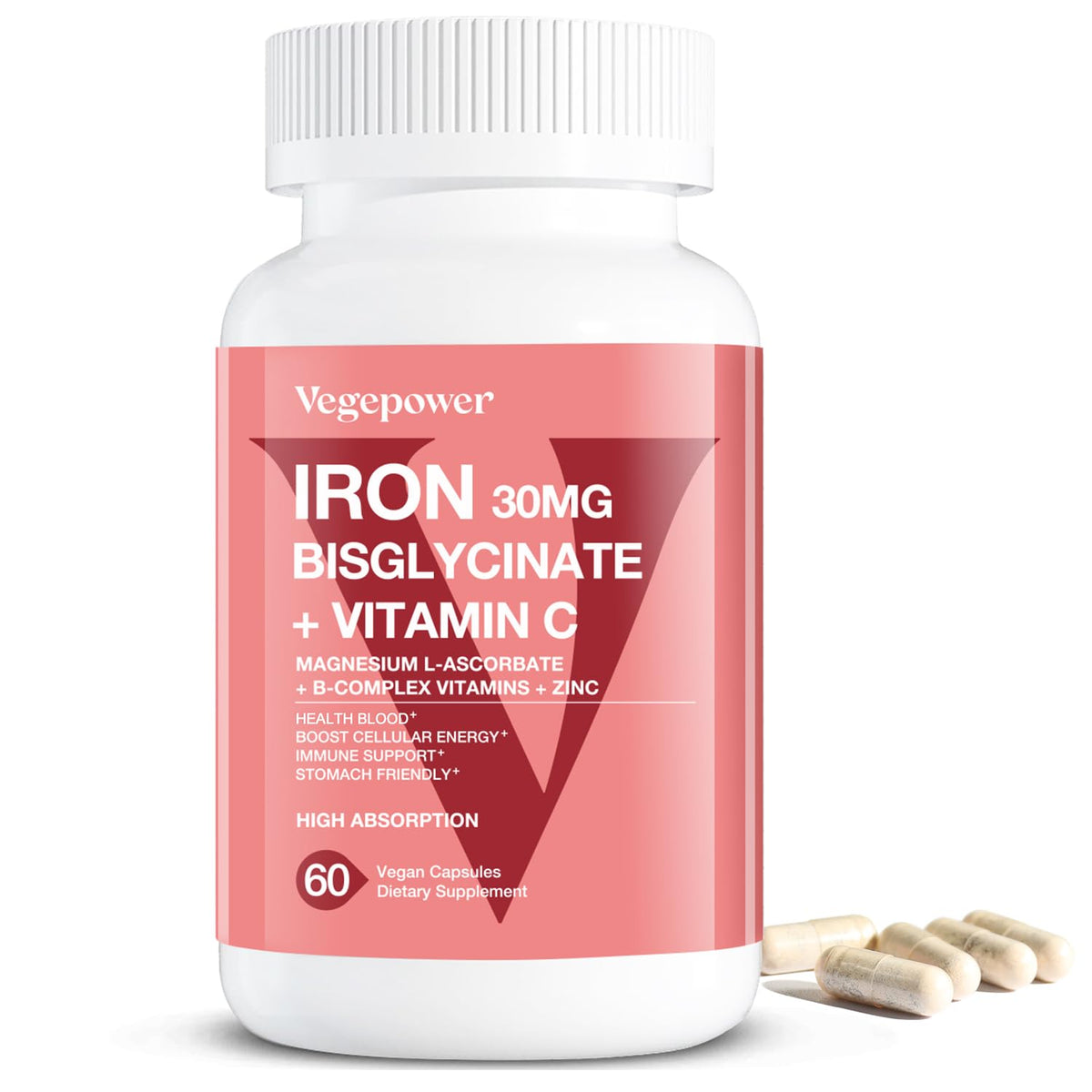 VEGEPOWER envase frontal con hierro bisglicinato, beneficio alta absorción