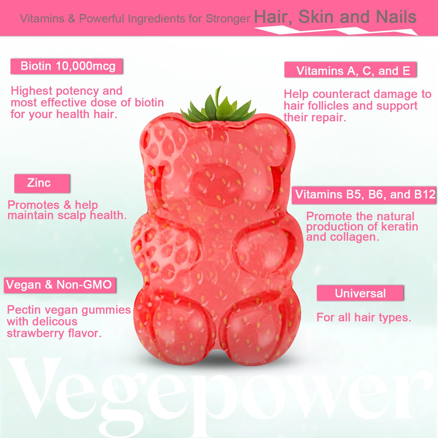 VEGEPOWER frasco abierto con gominolas visibles para almacenamiento práctico