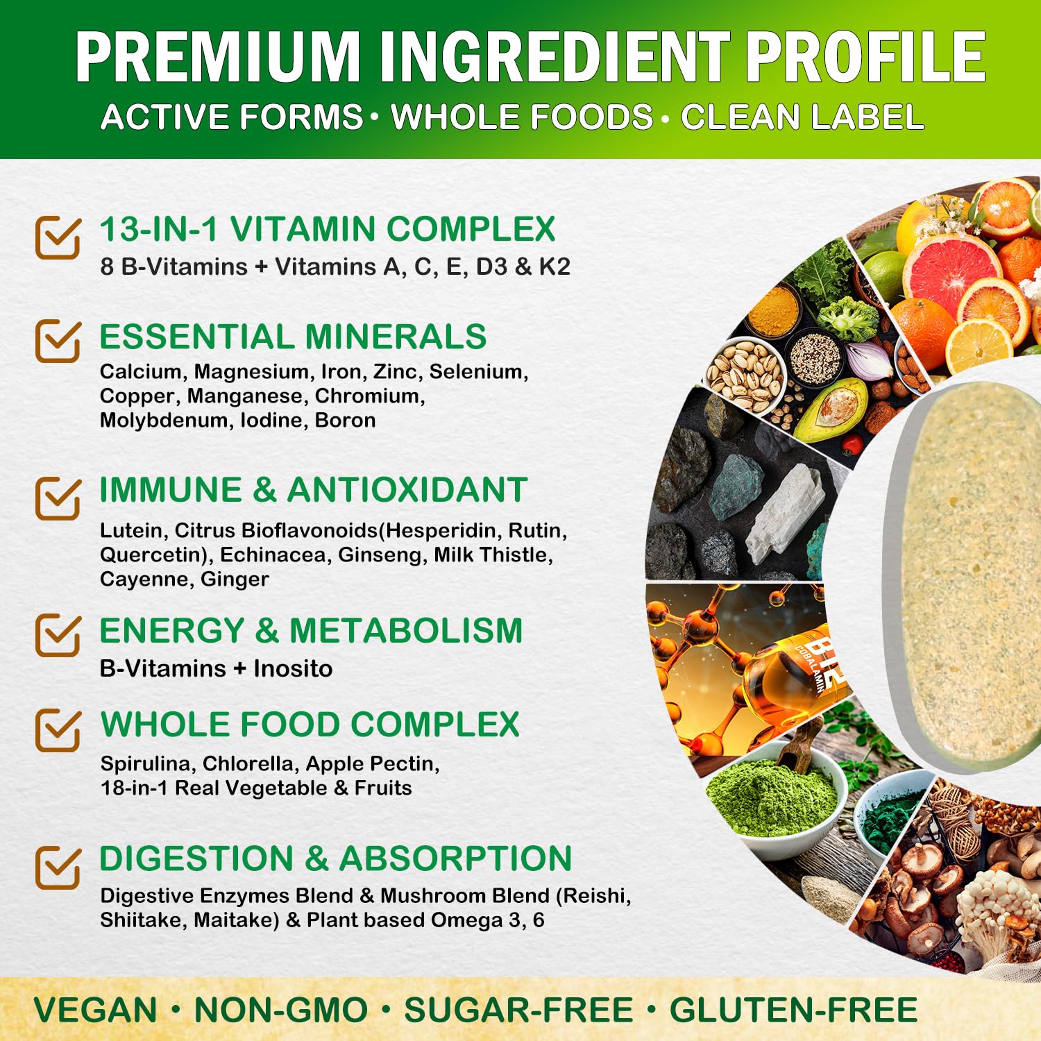 VEGEPOWER montones de frutas y verduras orgánicas usadas como fuente