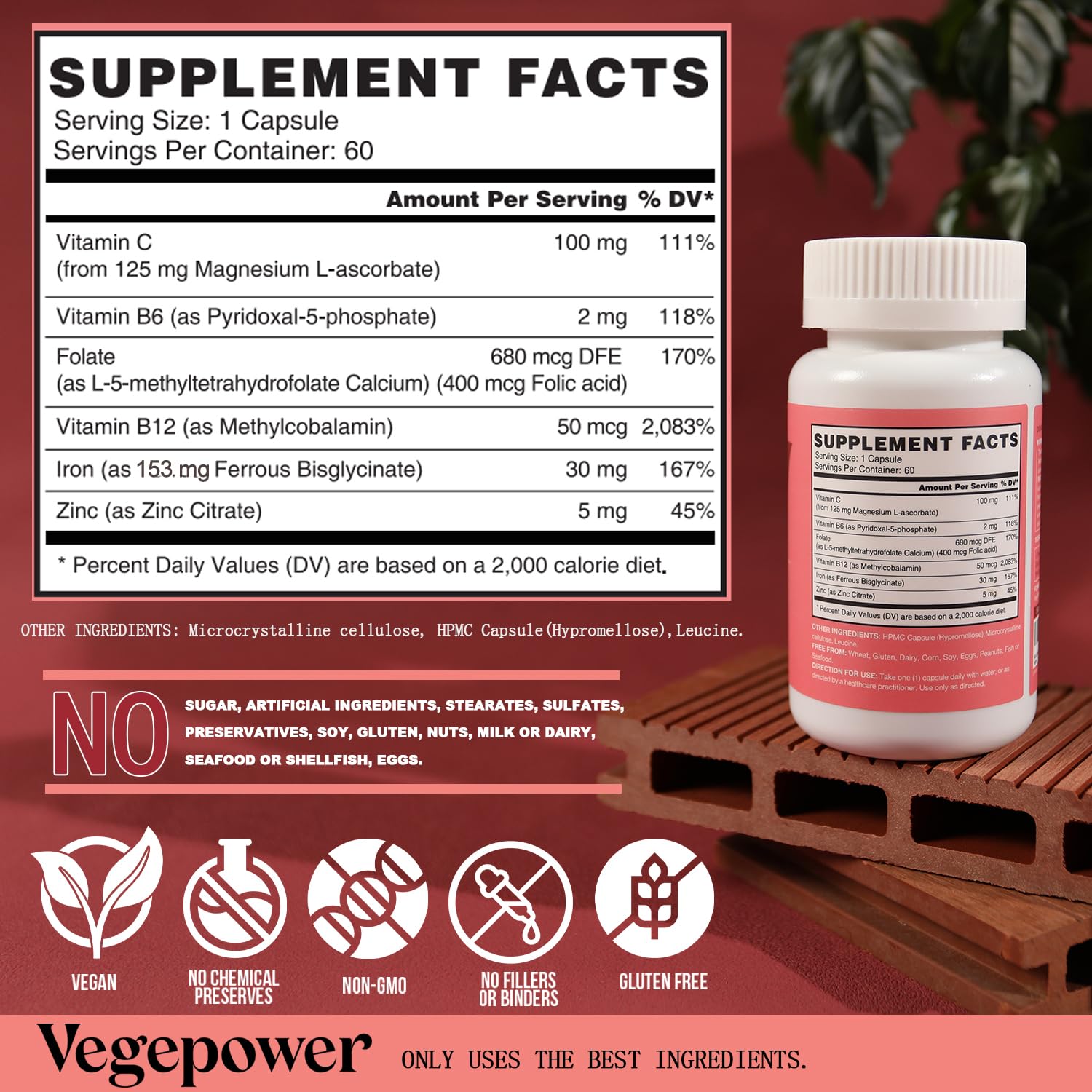 VEGEPOWER primer plano de la cápsula, textura suave y sin sabor metálico