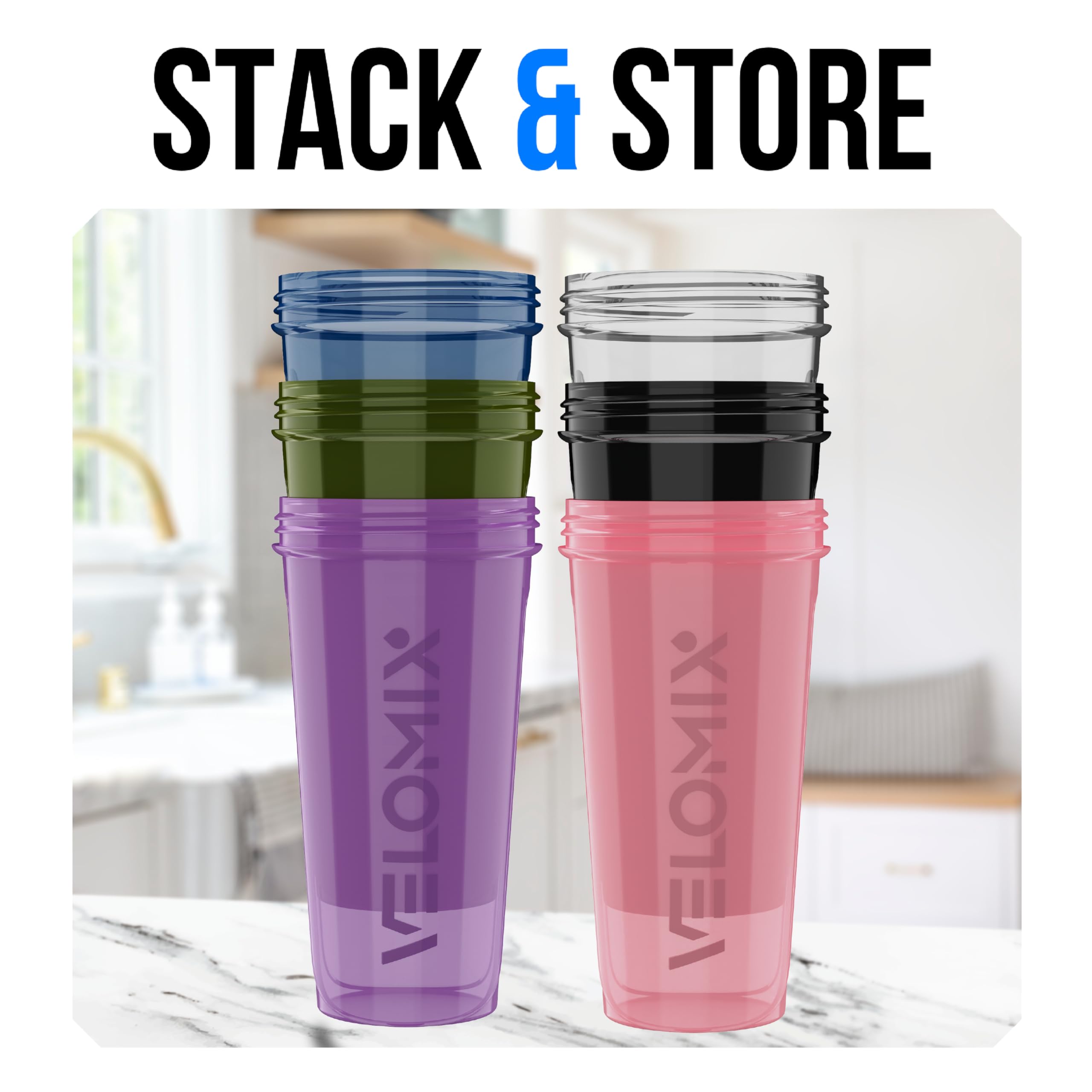 VELOMIX seis vasos apilados en armario, ahorro de espacio y listos para la semana