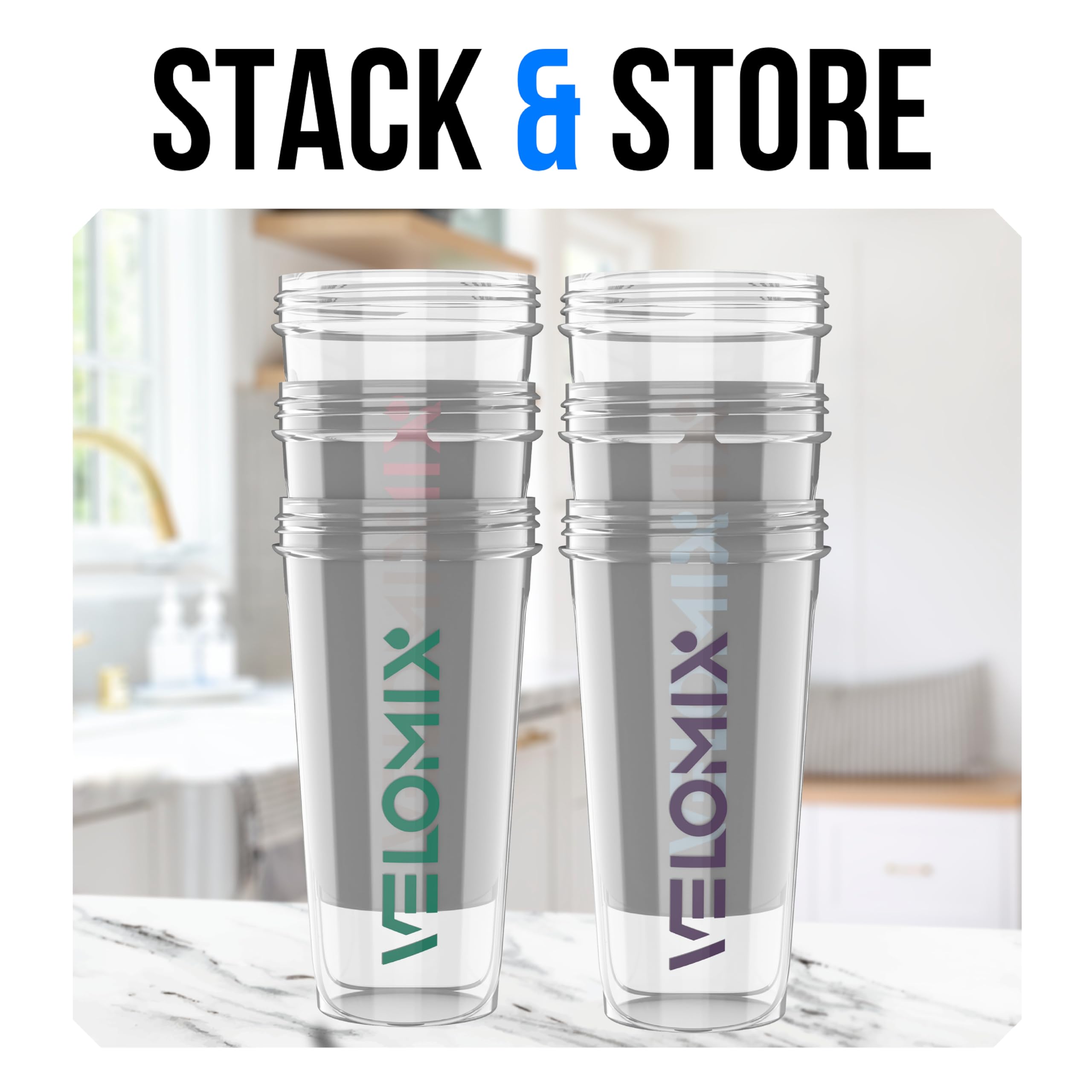 VELOMIX comparación de tamaño 28 oz junto a una mano para escala clara